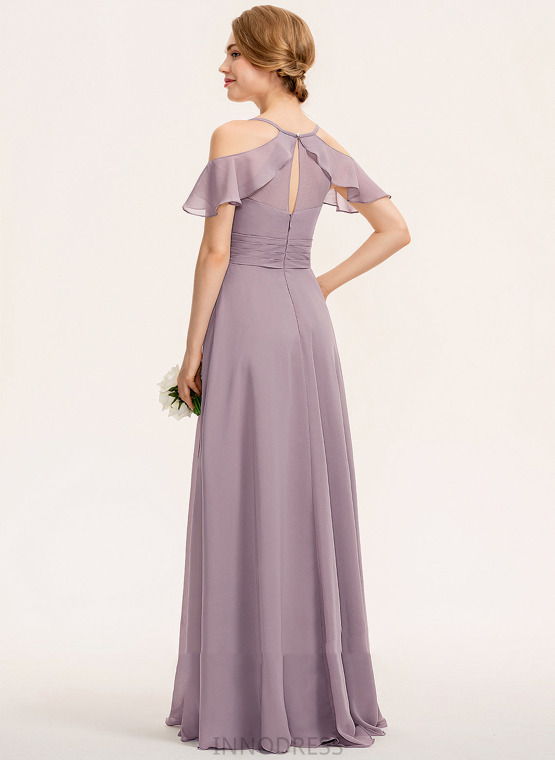 ColdShoulder Silhouette Floor-Length Neckline Length SplitFront CascadingRuffles Embellishment V-neck A-Line Fabric Ruffle Bridesmaid Dresses