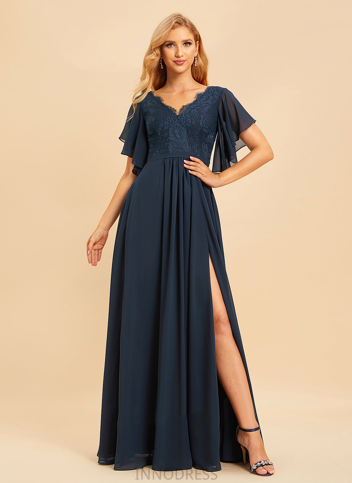 Embellishment SplitFront Fabric Neckline Lace Length Silhouette A-Line V-neck Floor-Length Moriah Floor Length Bridesmaid Dresses