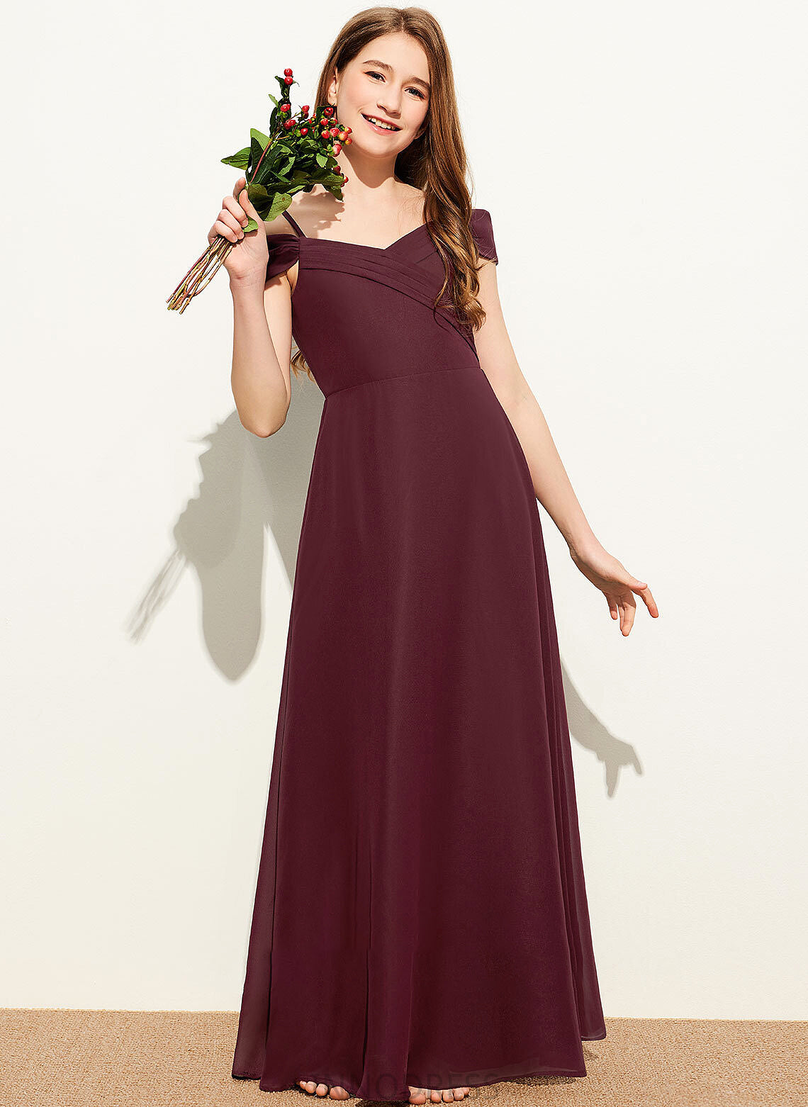 Ruffle With Junior Bridesmaid Dresses A-Line Floor-Length Off-the-Shoulder Micaela Chiffon