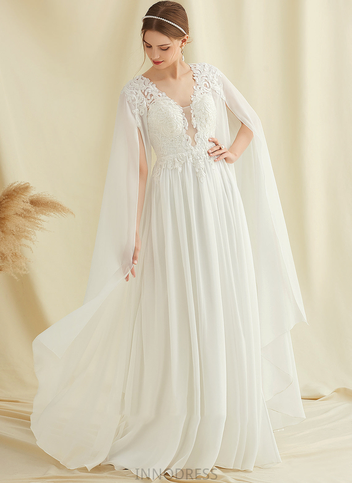 Chiffon With Dress Wedding Dresses Wedding Floor-Length V-neck Crystal A-Line Sequins Lace