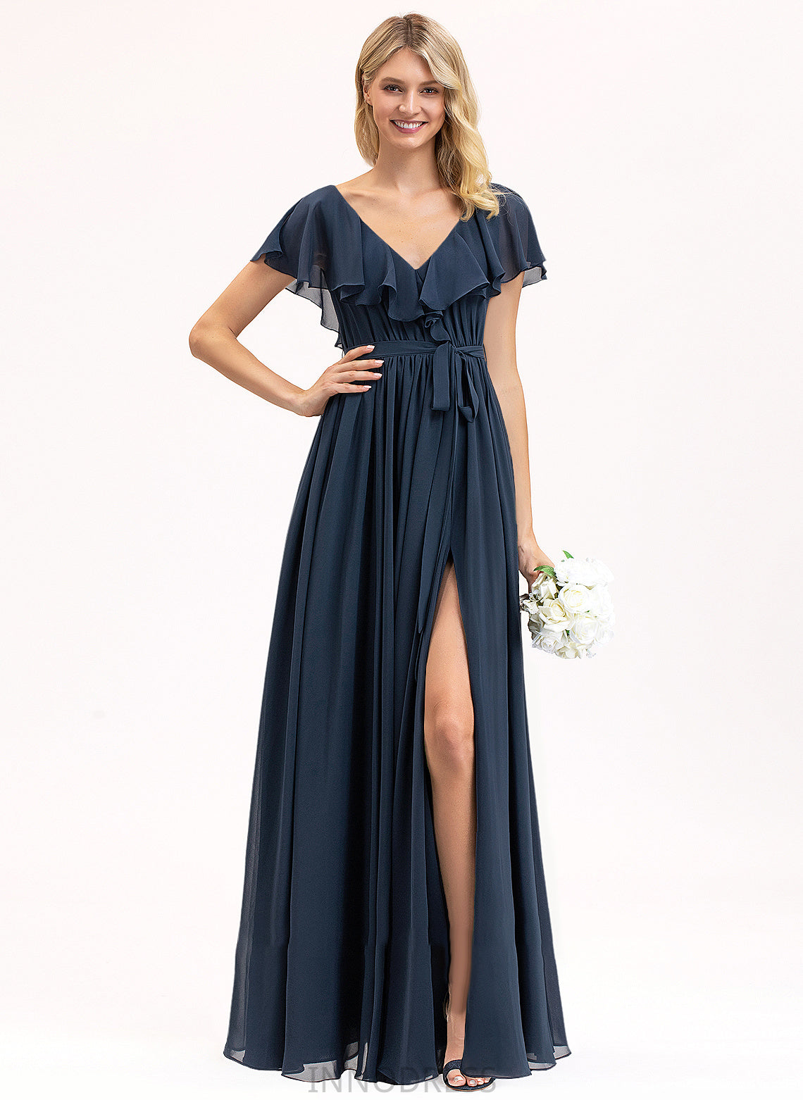 Split Cascading Chiffon Maci Ruffles A-Line Prom Dresses With Bow(s) Front V-neck Floor-Length