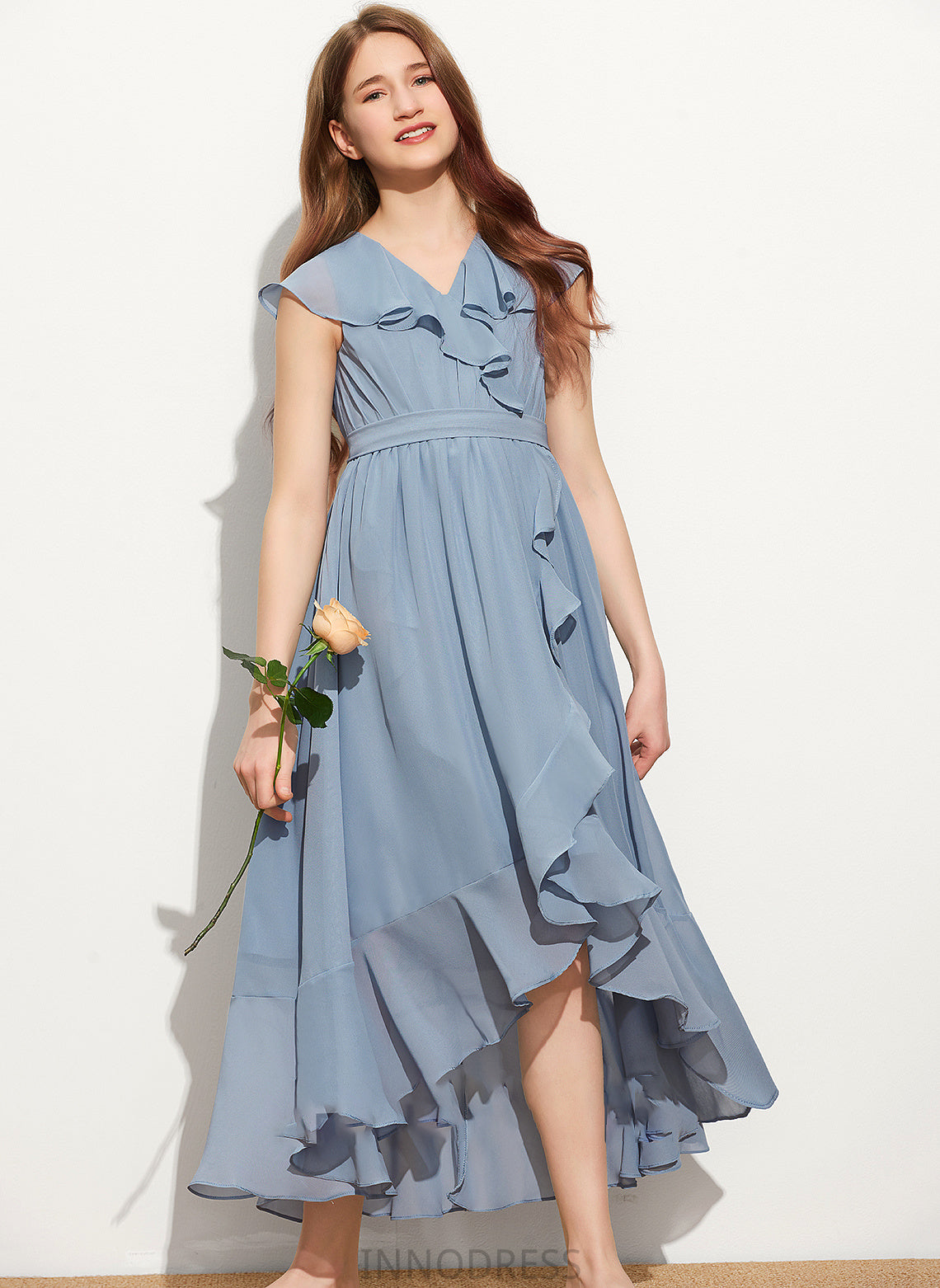 Chiffon Bow(s) V-neck With Danica Ruffles Asymmetrical A-Line Junior Bridesmaid Dresses Cascading