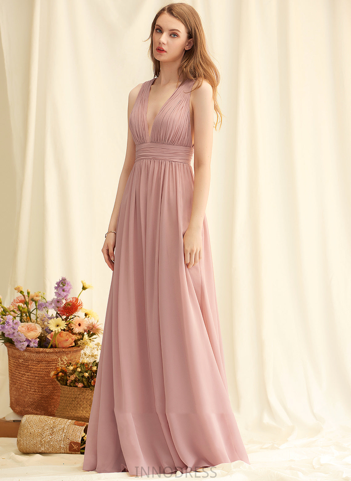 SplitFront Fabric A-Line Silhouette Length Floor-Length Neckline V-neck Embellishment Iliana Sleeveless A-Line/Princess Bridesmaid Dresses