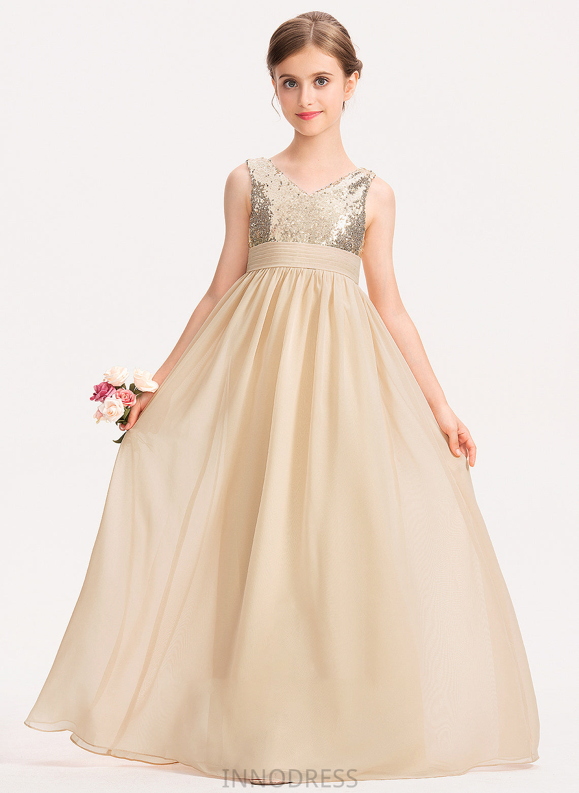 Chiffon Junior Bridesmaid Dresses A-Line V-neck With Shirley Ruffle Sequined Floor-Length