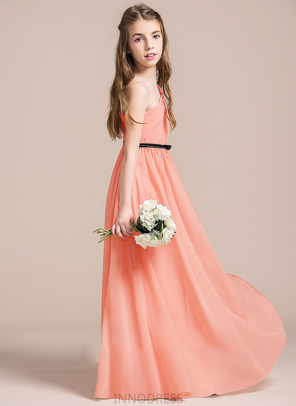 With Ruffle Floor-Length A-Line Junior Bridesmaid Dresses One-Shoulder Chiffon Jessica Bow(s)