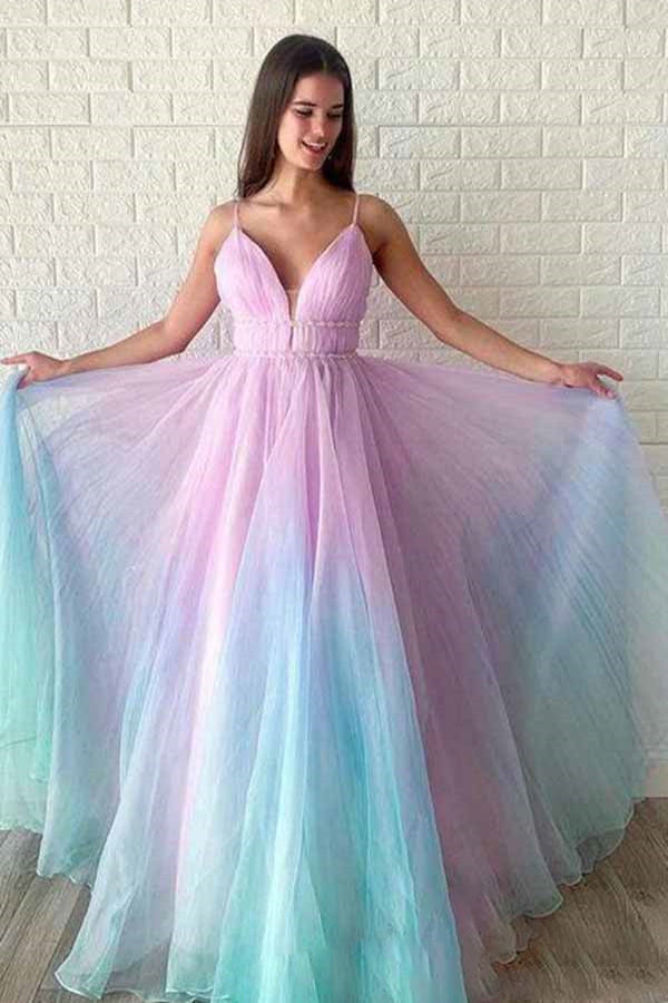 Ombre Spaghetti Straps Sleeveless A Line Prom Dresses