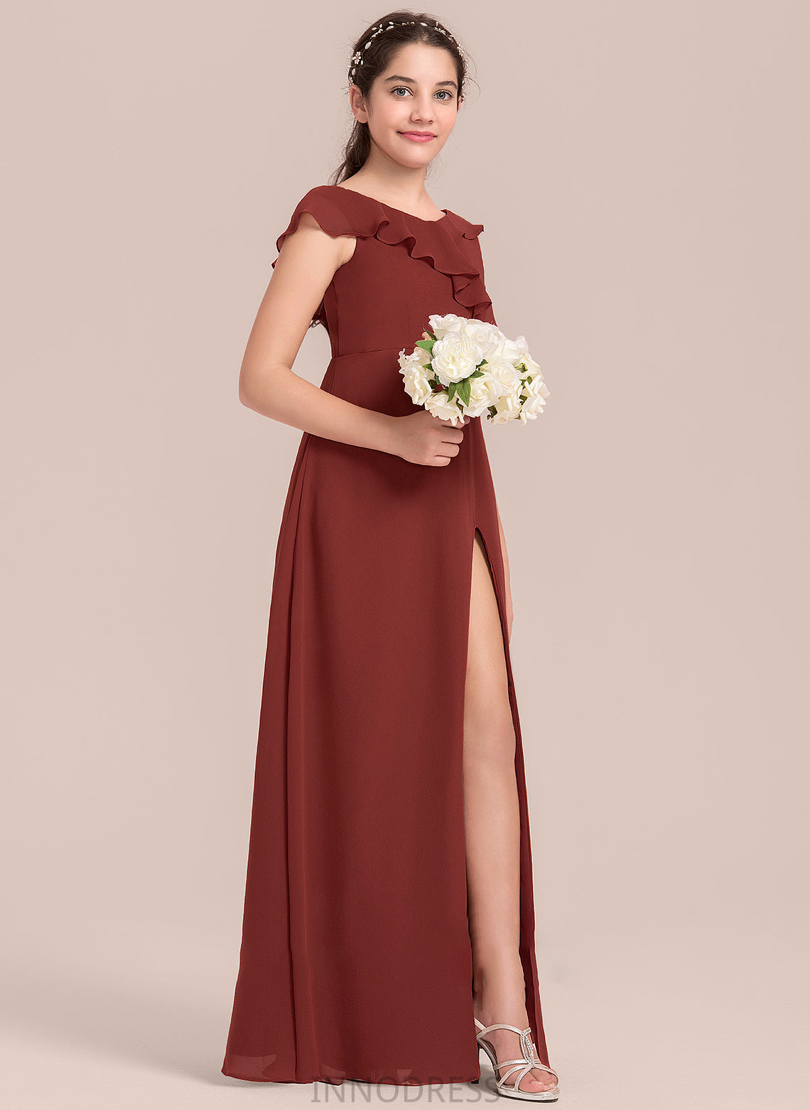 Floor-Length V-neck Chiffon With Cascading Junior Bridesmaid Dresses Ruffles Front A-Line Madilynn Split