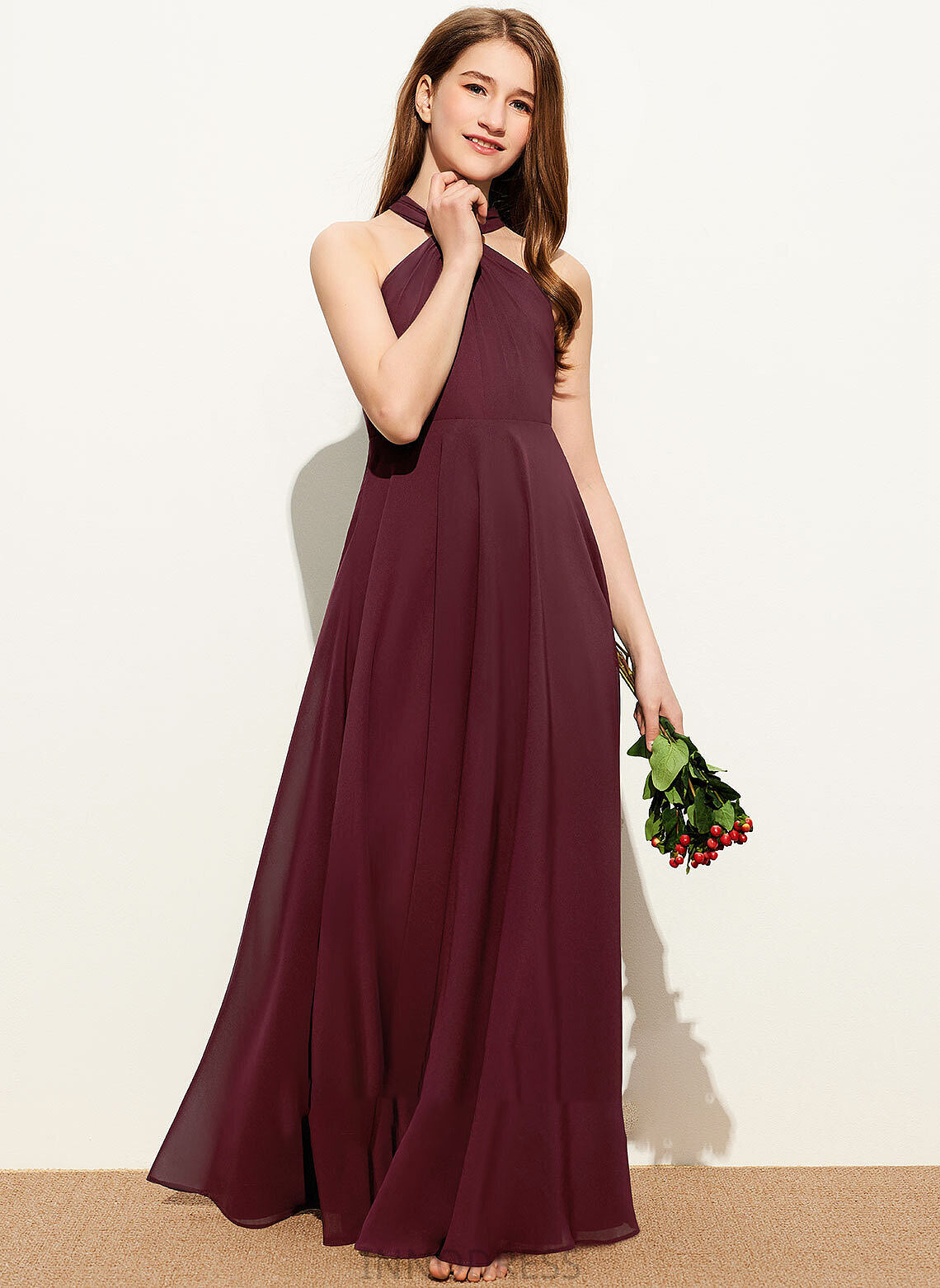 Chiffon With A-Line Ruffle Lilith Floor-Length Junior Bridesmaid Dresses V-neck