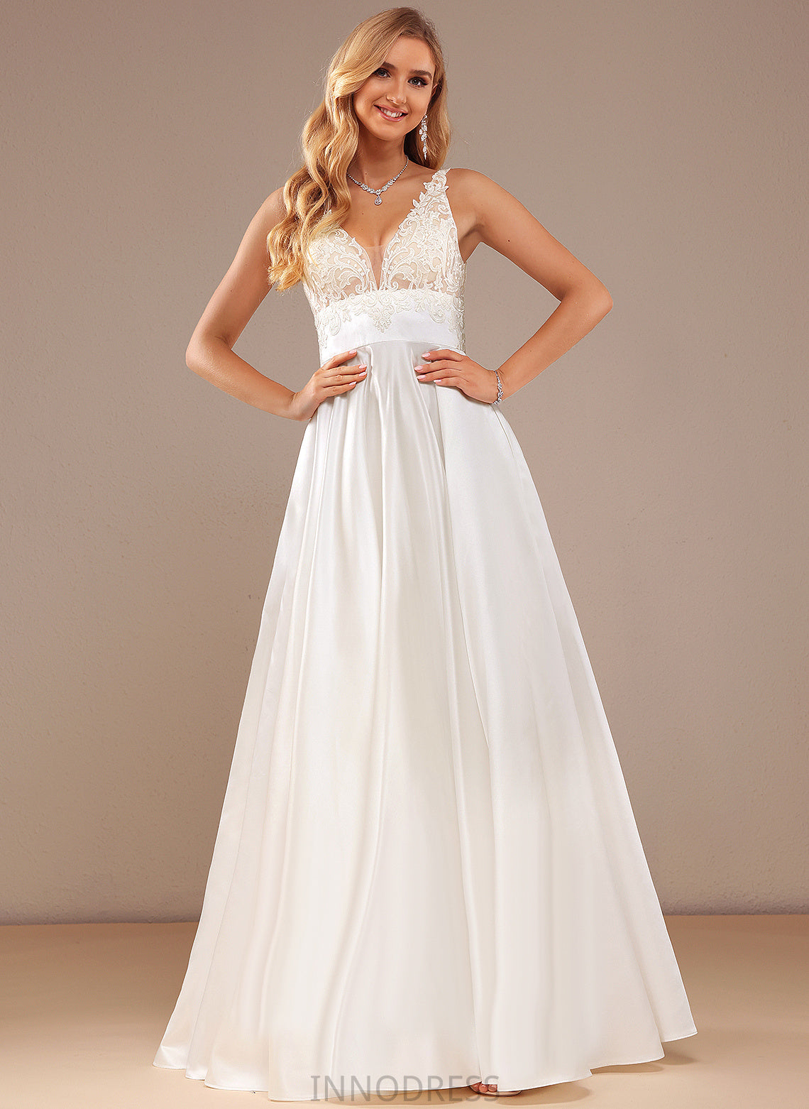 With Dress Ball-Gown/Princess Satin Kendall Lace Wedding Dresses Wedding Pockets Floor-Length Lace V-neck