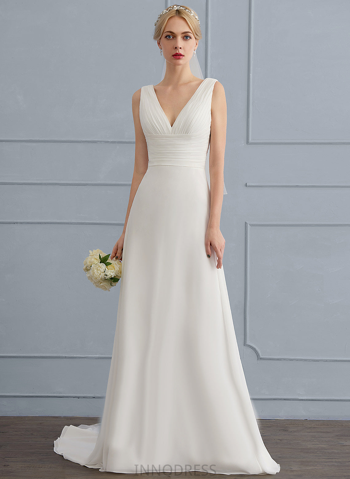 Train Wedding Dresses With Lace Wedding Mimi Ruffle Dress Chiffon A-Line V-neck Sweep