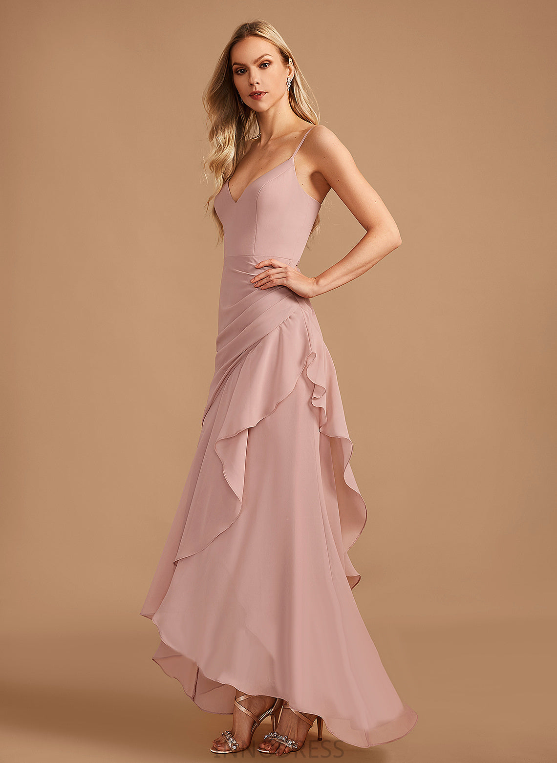 Silhouette Length Embellishment Asymmetrical Ruffle Trumpet/Mermaid V-neck Neckline Fabric Jazlene Natural Waist Floor Length Bridesmaid Dresses