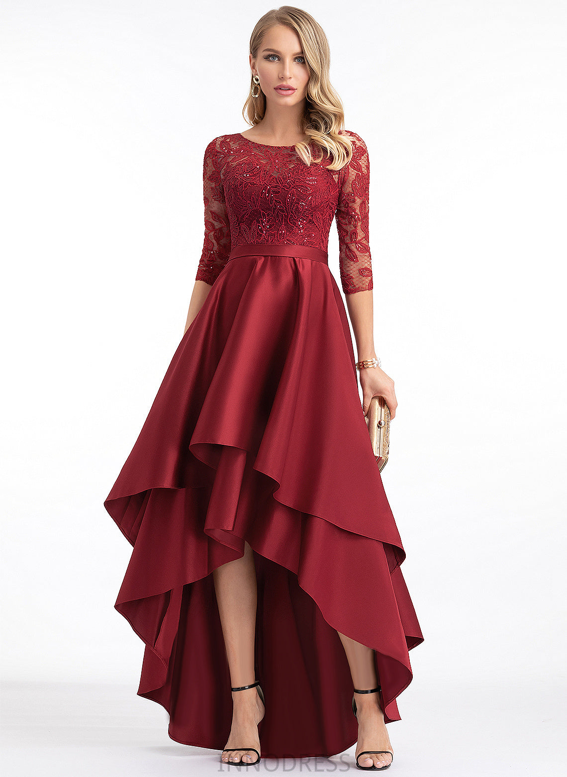 Scoop Illusion Satin A-Line With Sequins Asymmetrical Lace Paloma Prom Dresses