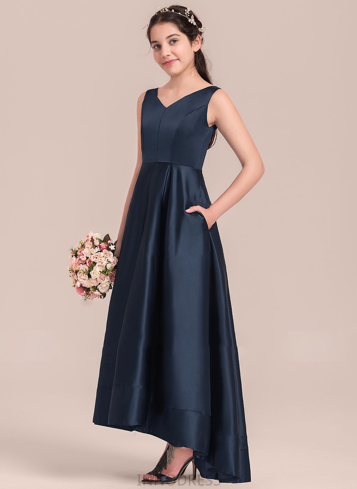 Satin V-neck Asymmetrical Junior Bridesmaid Dresses A-Line Natalee