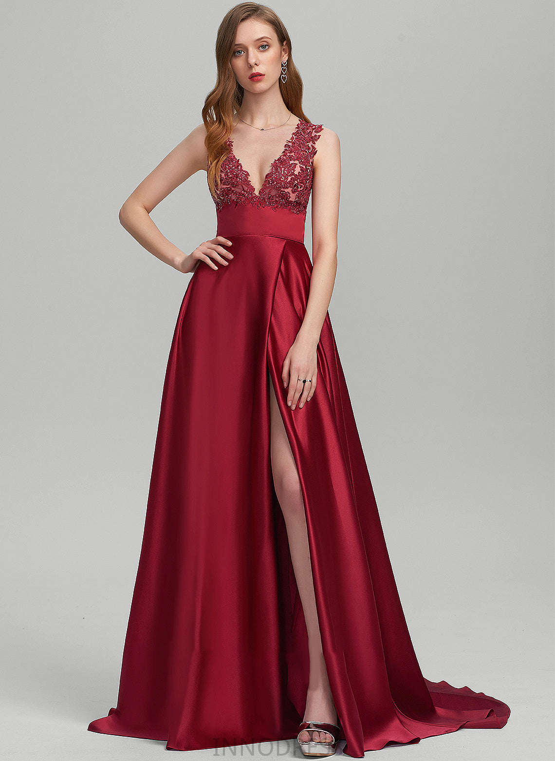 Ball-Gown/Princess Maeve Prom Dresses Train Satin Split Sweep With Sequins V-neck Front