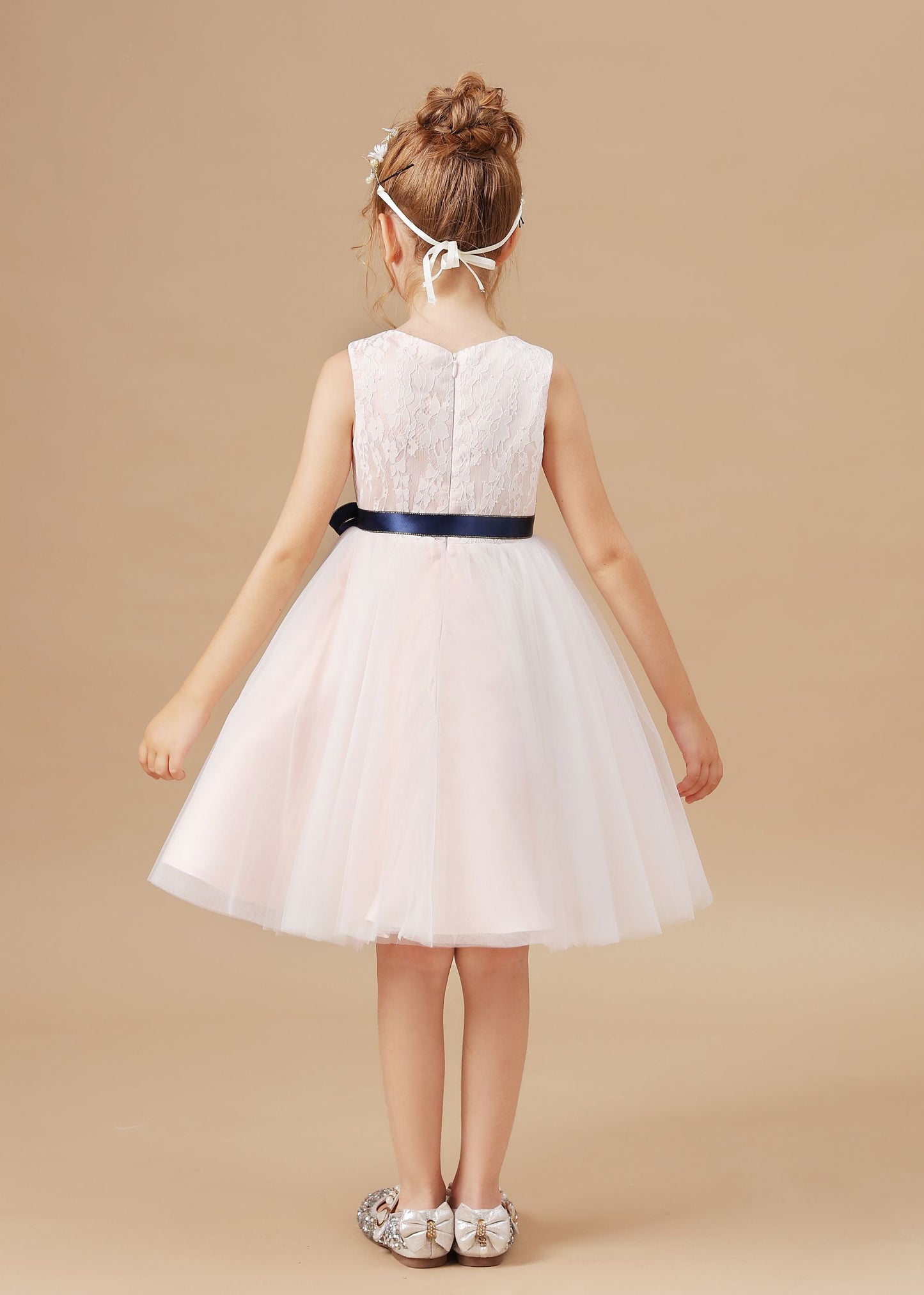 Sleeveless Lace Tulle Satin Flower Girl Dresses With Bowknot Satin-Sash