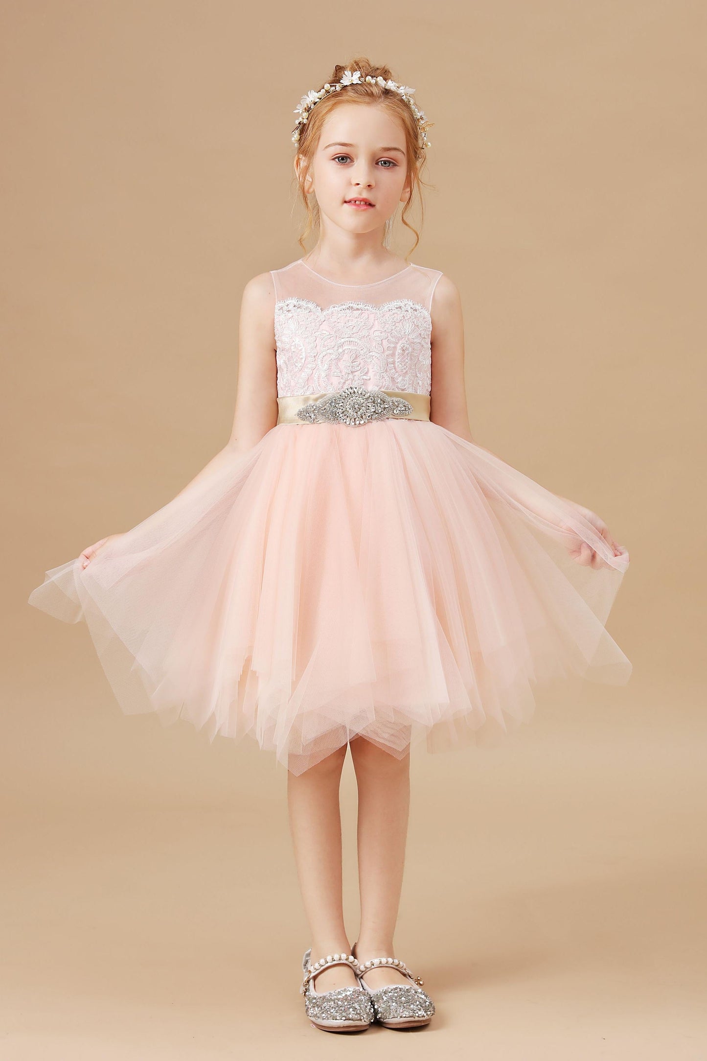 Chic Asymmetrical Sleeveless Applique Tulle Satin Flower Girl Dresses With Rhinestone Belt