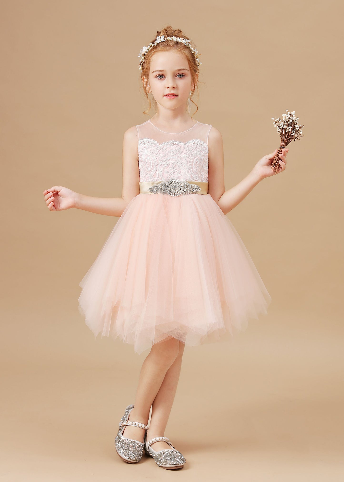 Chic Asymmetrical Sleeveless Applique Tulle Satin Flower Girl Dresses With Rhinestone Belt