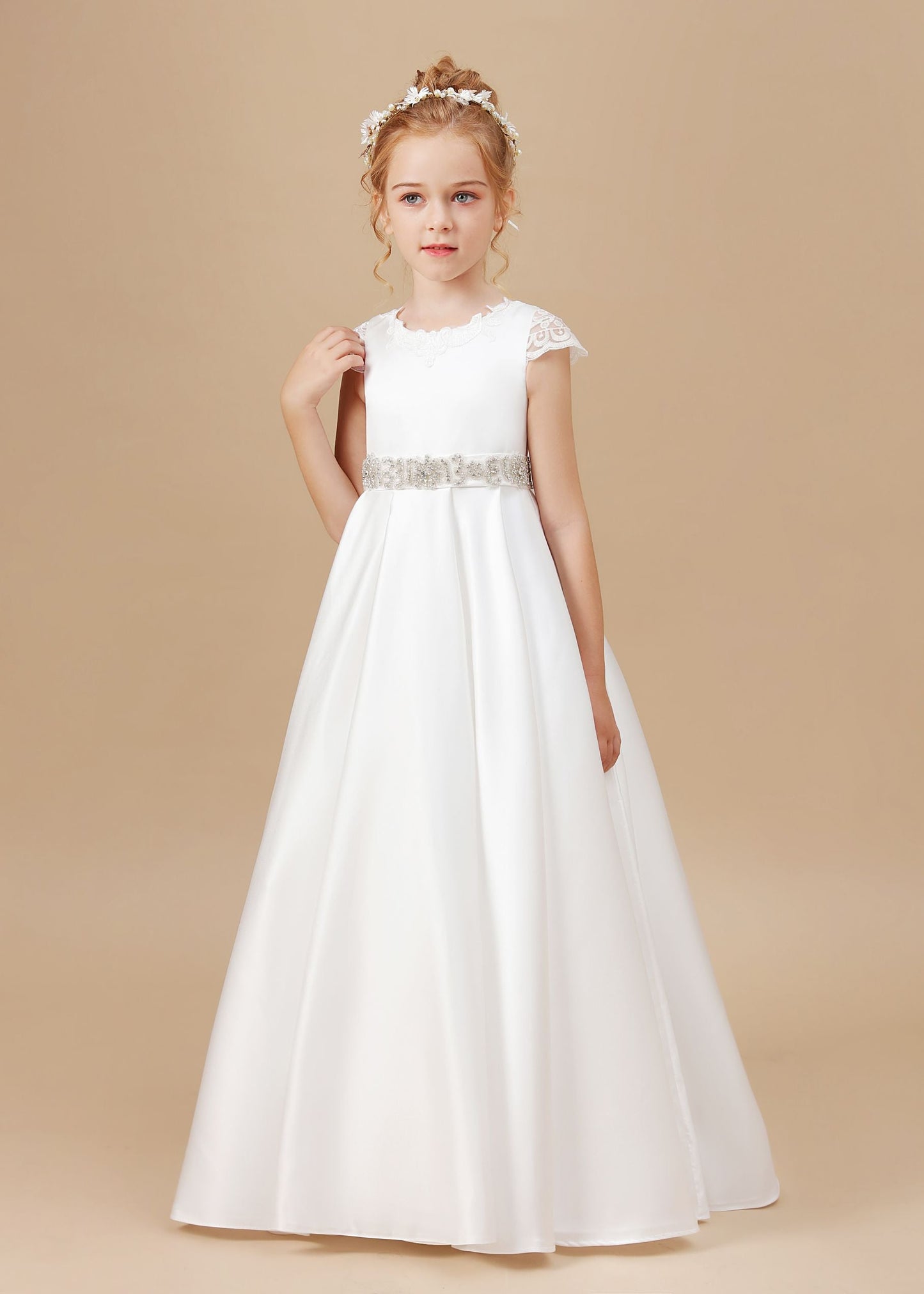 A-line Floor Length Bowknot Ivory Satin Flower Girl Dresses With Rhinestones Waist