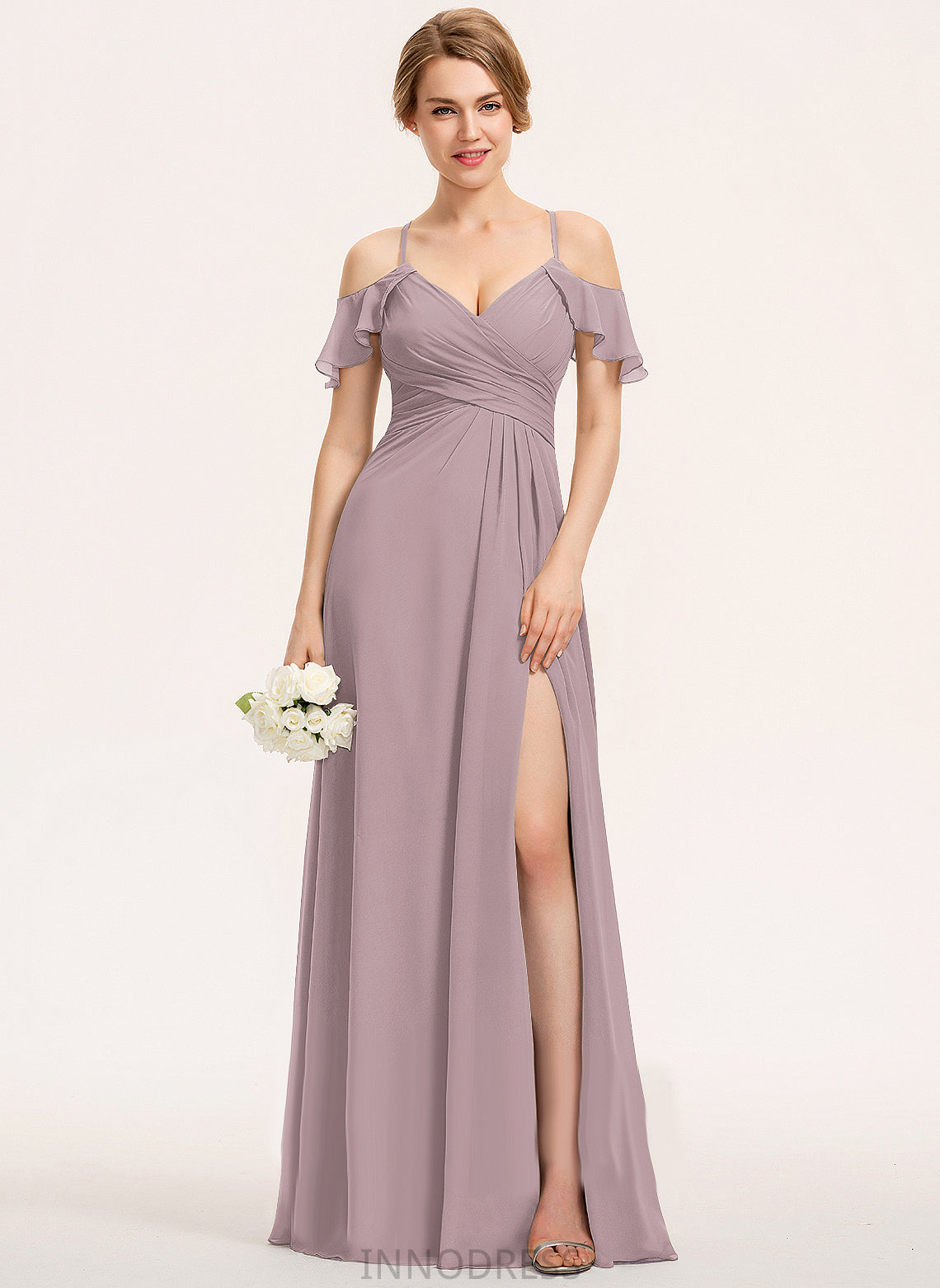 Floor-Length Straps&Sleeves Pleated Fabric Length Embellishment Silhouette A-Line Hailee Bridesmaid Dresses