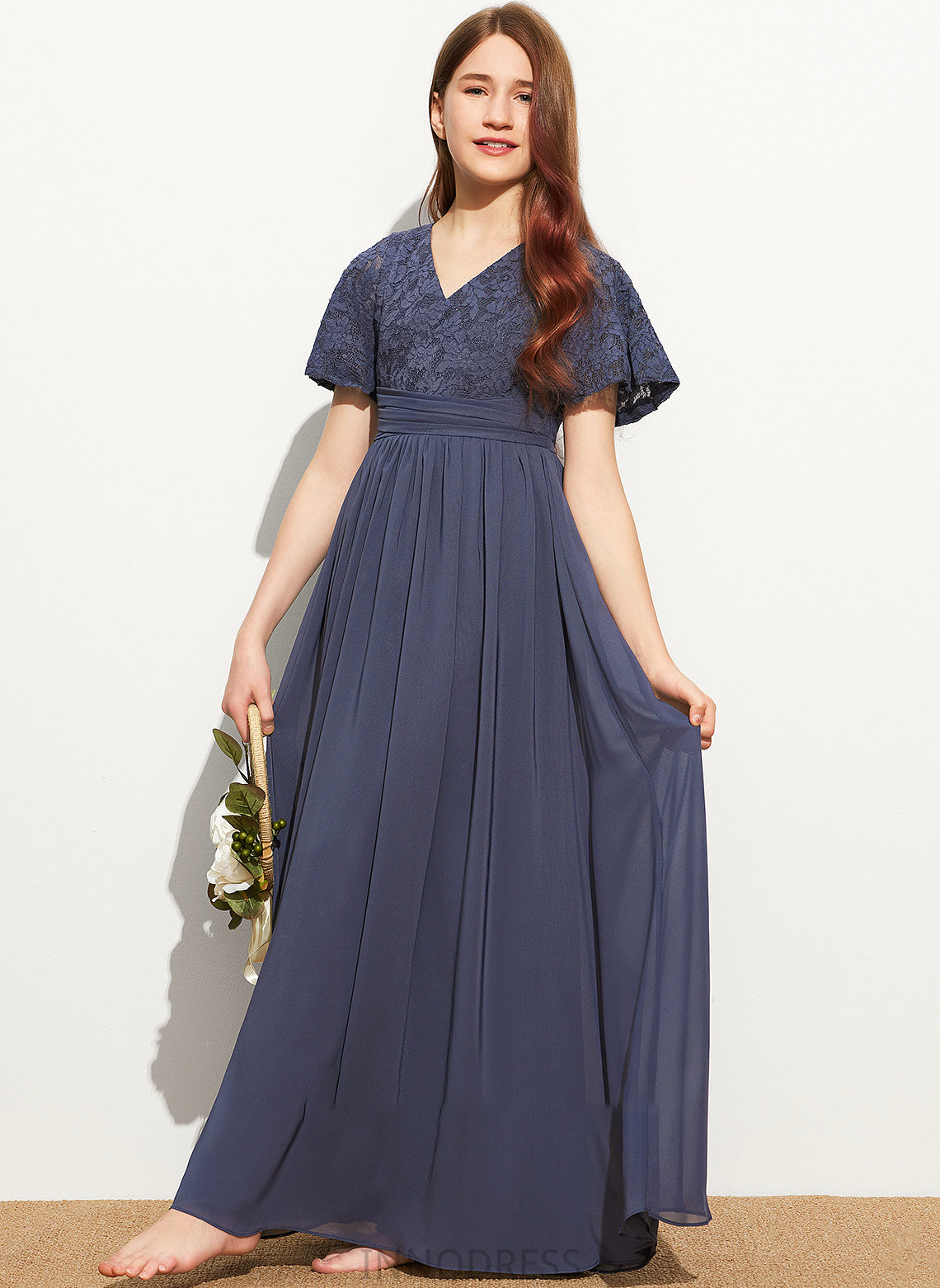 V-neck Gloria Bow(s) With Junior Bridesmaid Dresses Floor-Length Lace Chiffon A-Line