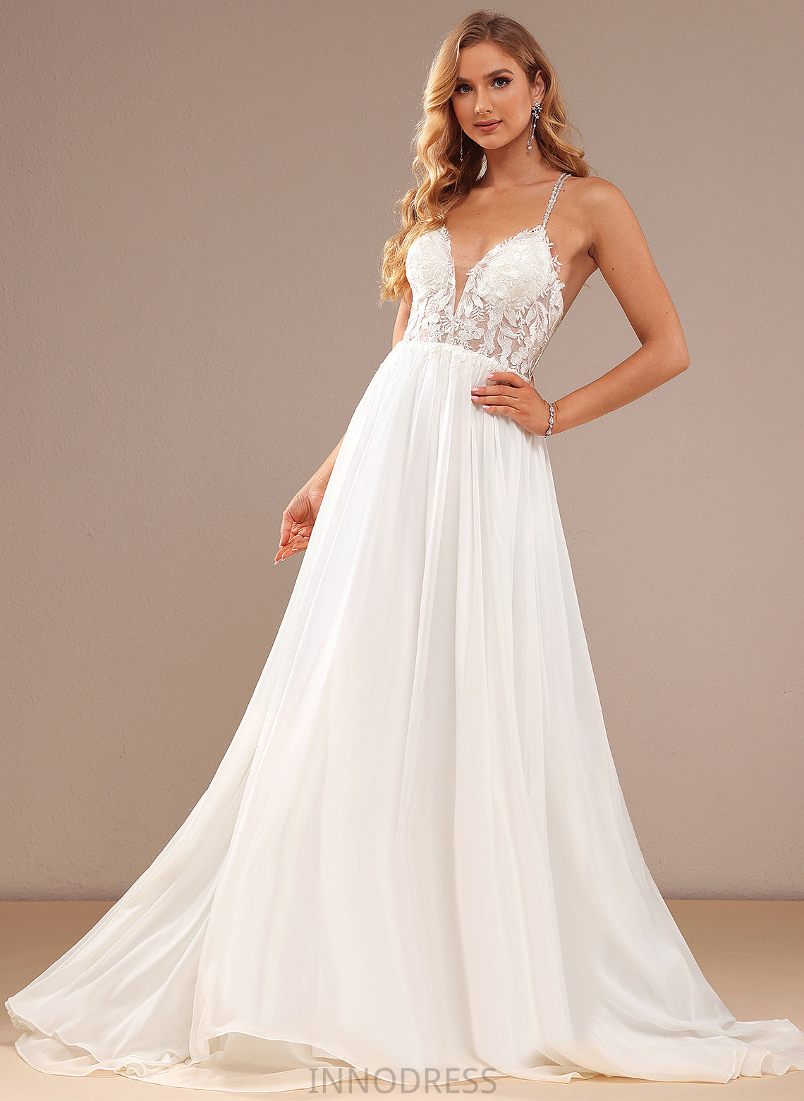 A-Line With Beading Train Sequins Dress Wedding Dresses Sweep Angel Wedding V-neck Lace Chiffon