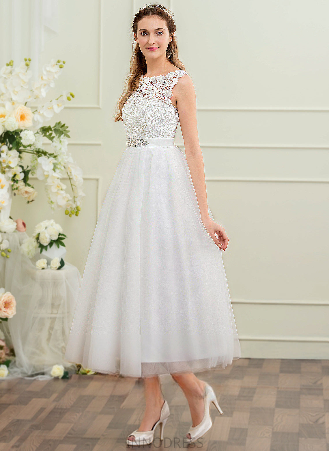 Shyla Tulle Satin Ball-Gown/Princess Dress Tea-Length Wedding Dresses Lace Beading Sequins With Wedding