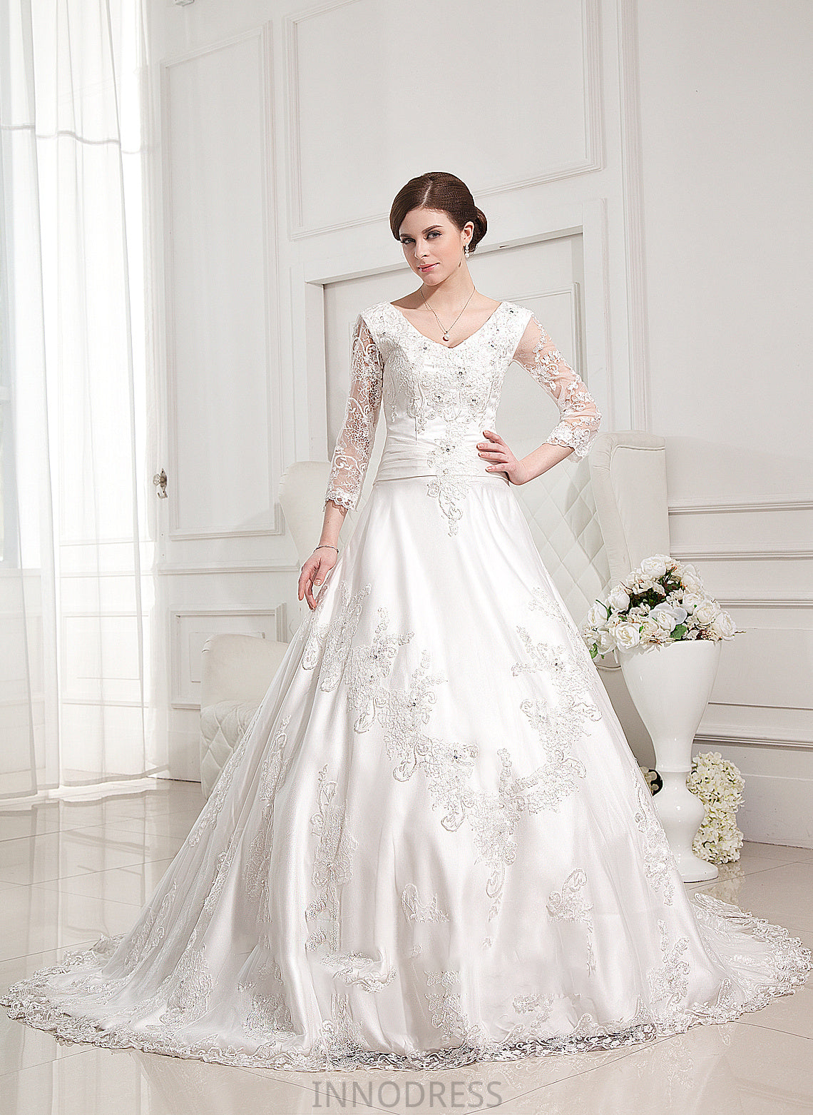 Wedding Dress Beading Wedding Dresses With Satin Rayna Lace V-neck Appliques Ball-Gown/Princess Train Chapel