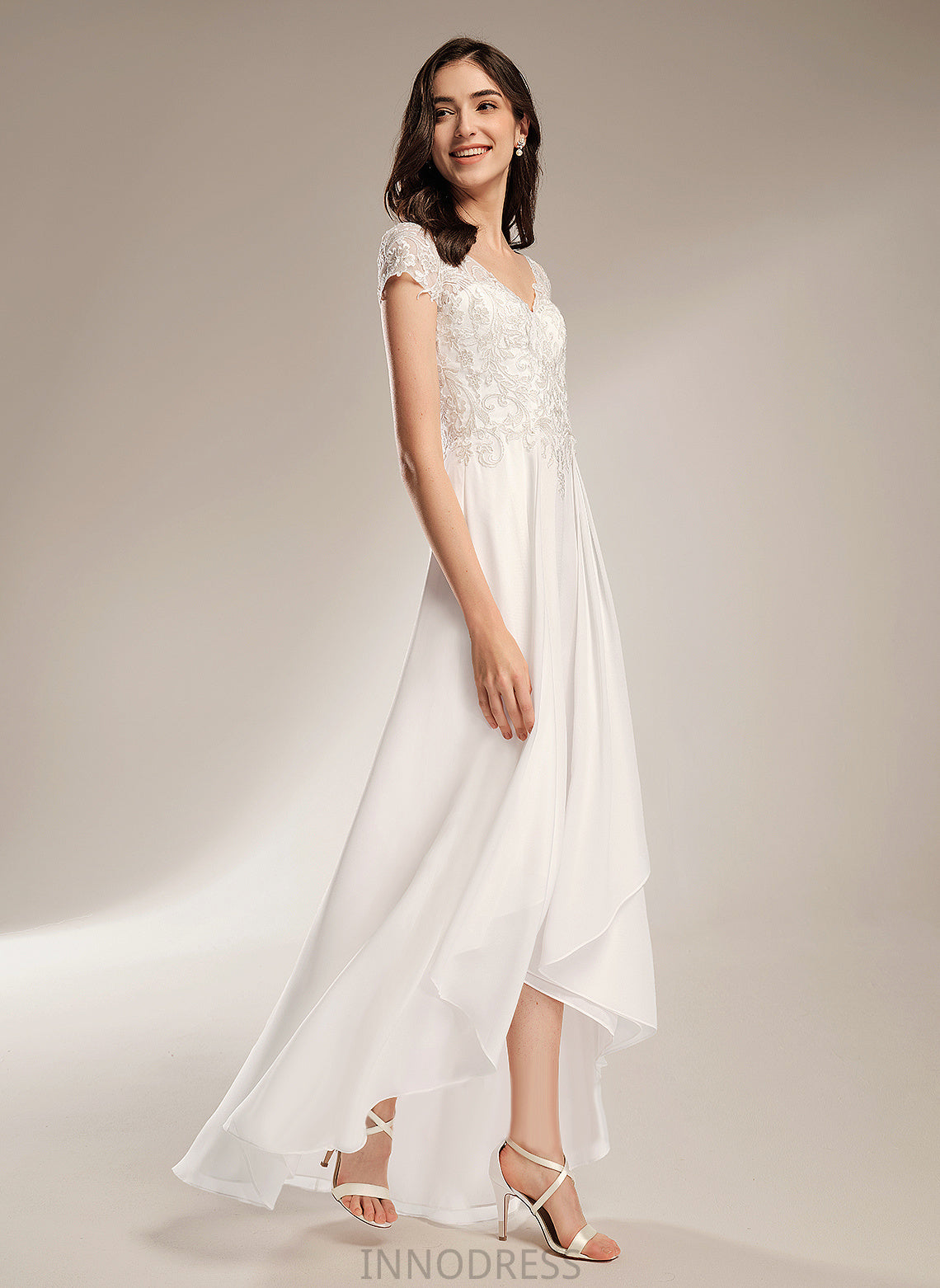 Asymmetrical Carla Wedding Dresses Chiffon A-Line Wedding V-neck Lace Dress