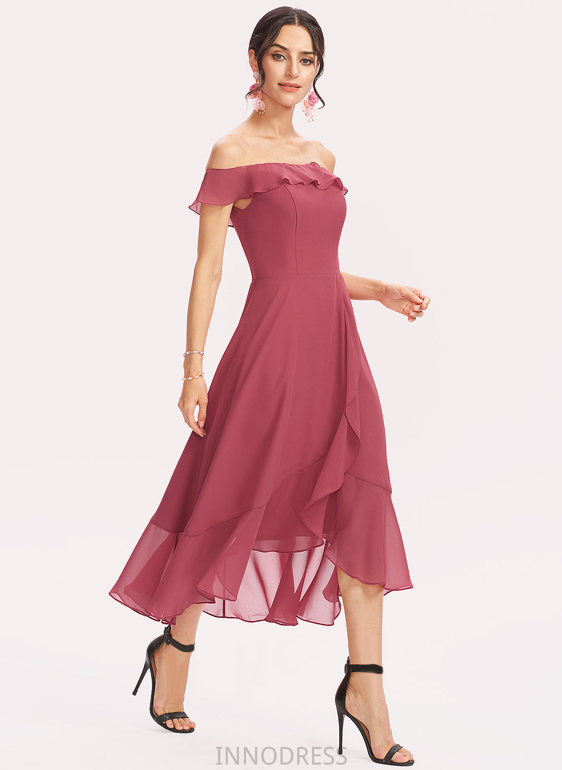 CascadingRuffles Silhouette Neckline Length Off-the-Shoulder Embellishment A-Line Fabric Tea-Length Teagan Sequins Natural Waist Bridesmaid Dresses