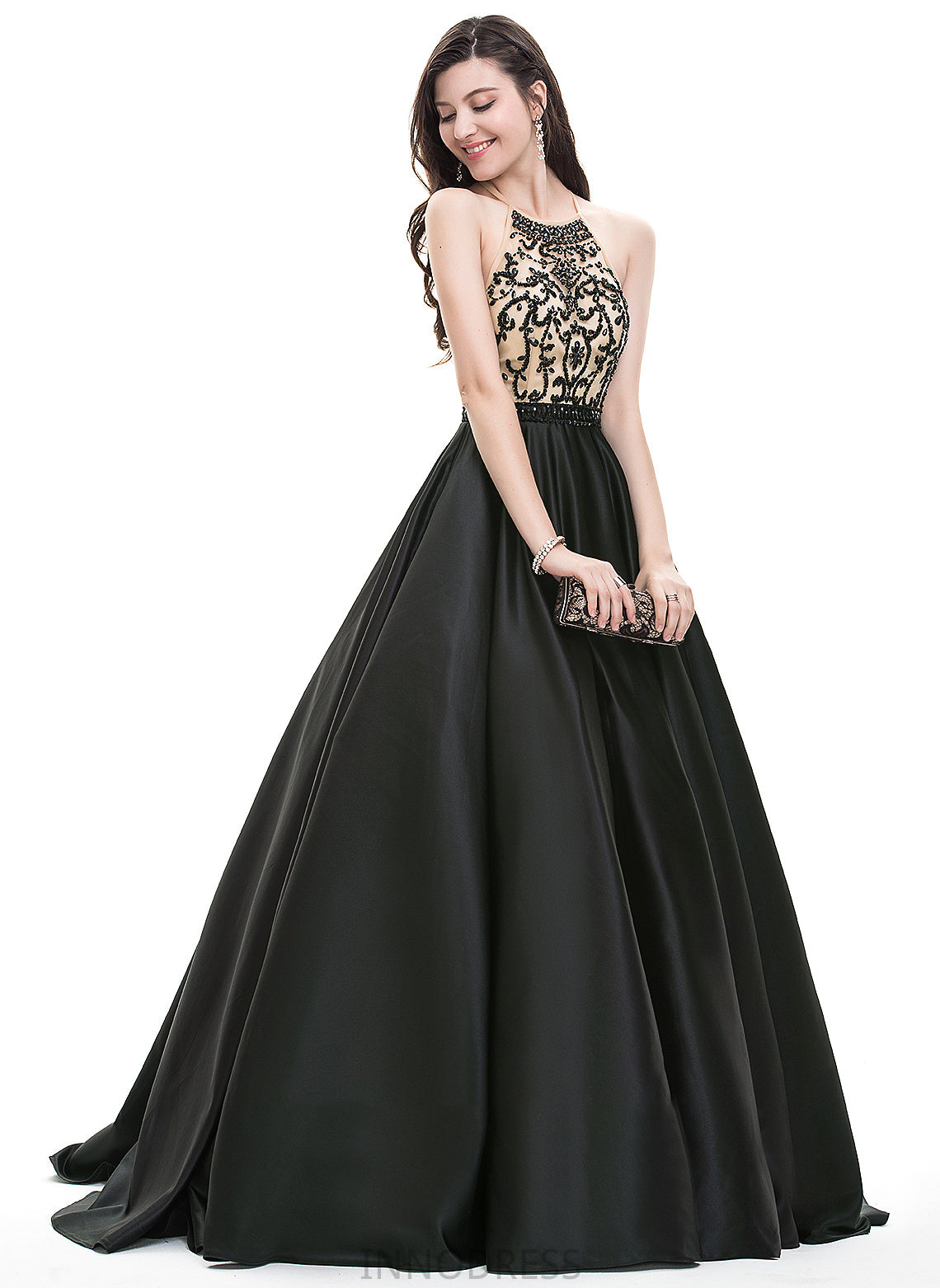 Beading With Satin Carly Prom Dresses Train Ball-Gown/Princess Scoop Sequins Neck Sweep