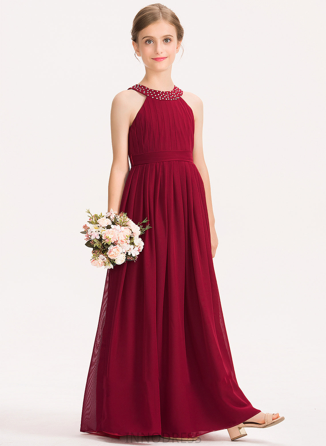 Scoop Beading Ruffle Paris Bow(s) With A-Line Neck Chiffon Junior Bridesmaid Dresses Floor-Length