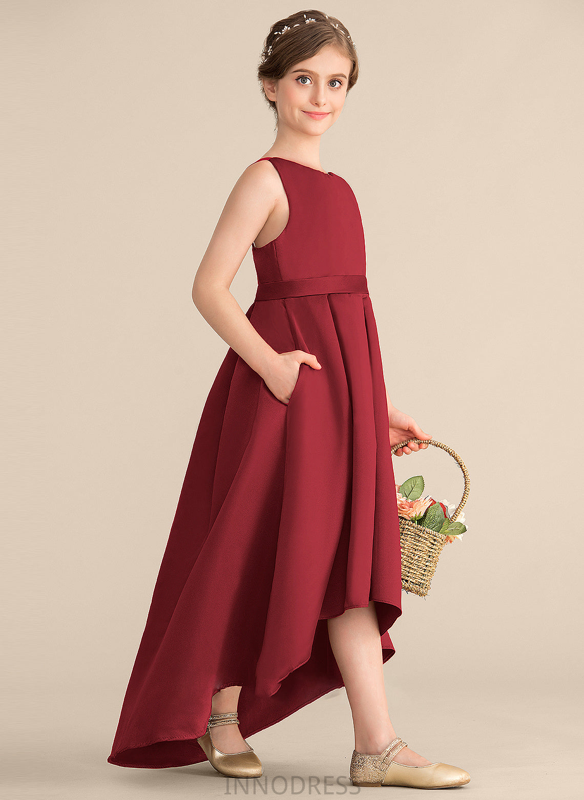 Kennedy Junior Bridesmaid Dresses With Scoop A-Line Neck Asymmetrical Pockets Satin Ruffle