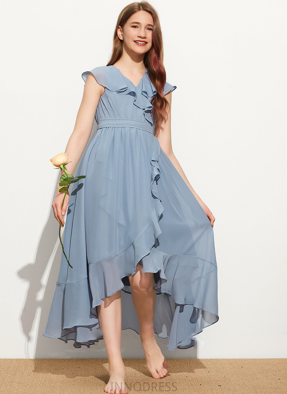 Chiffon Bow(s) V-neck With Danica Ruffles Asymmetrical A-Line Junior Bridesmaid Dresses Cascading