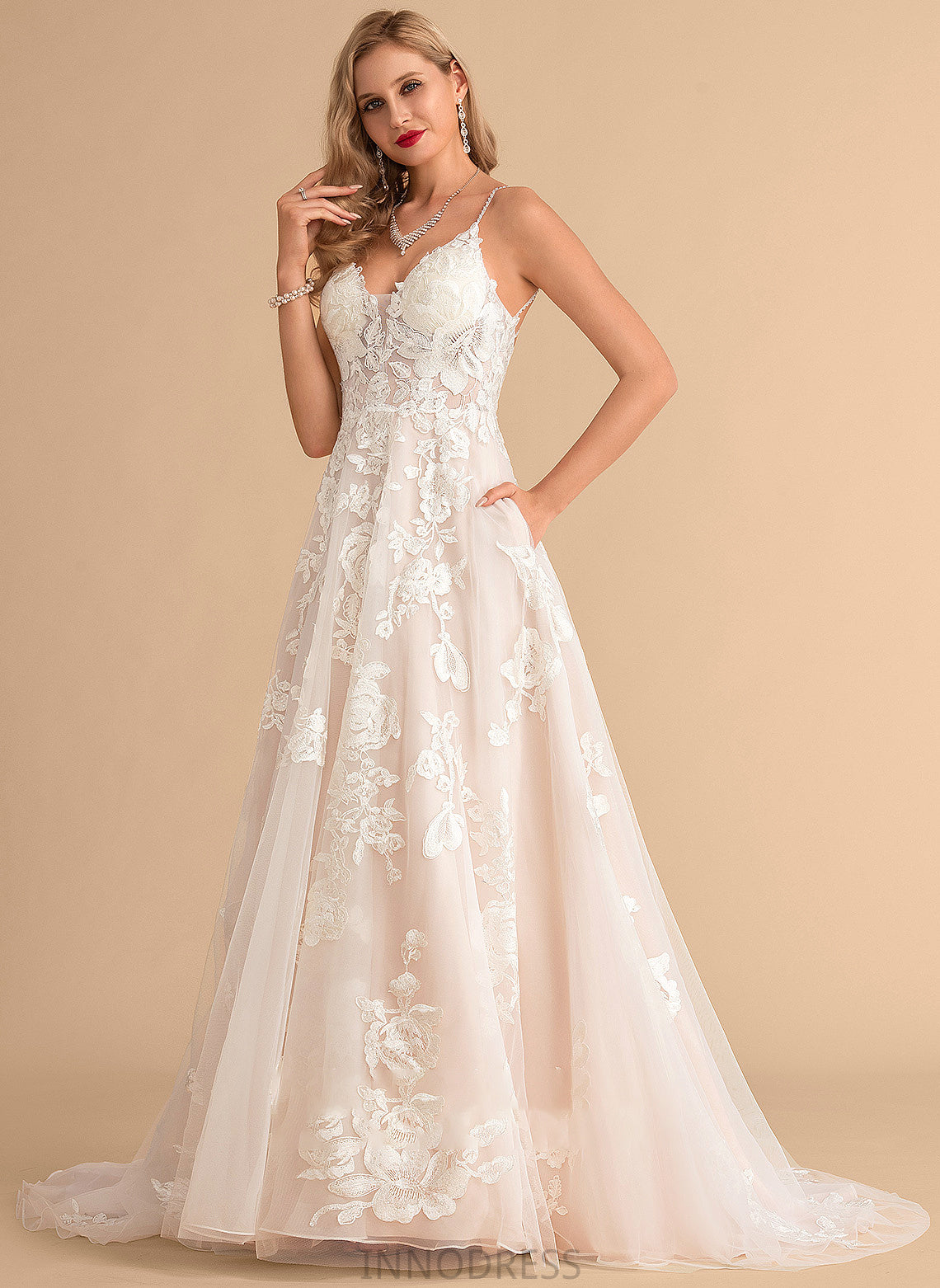 Wedding Train With Wedding Dresses Dress Beading Ball-Gown/Princess Court Heidi Tulle Lace Pockets V-neck