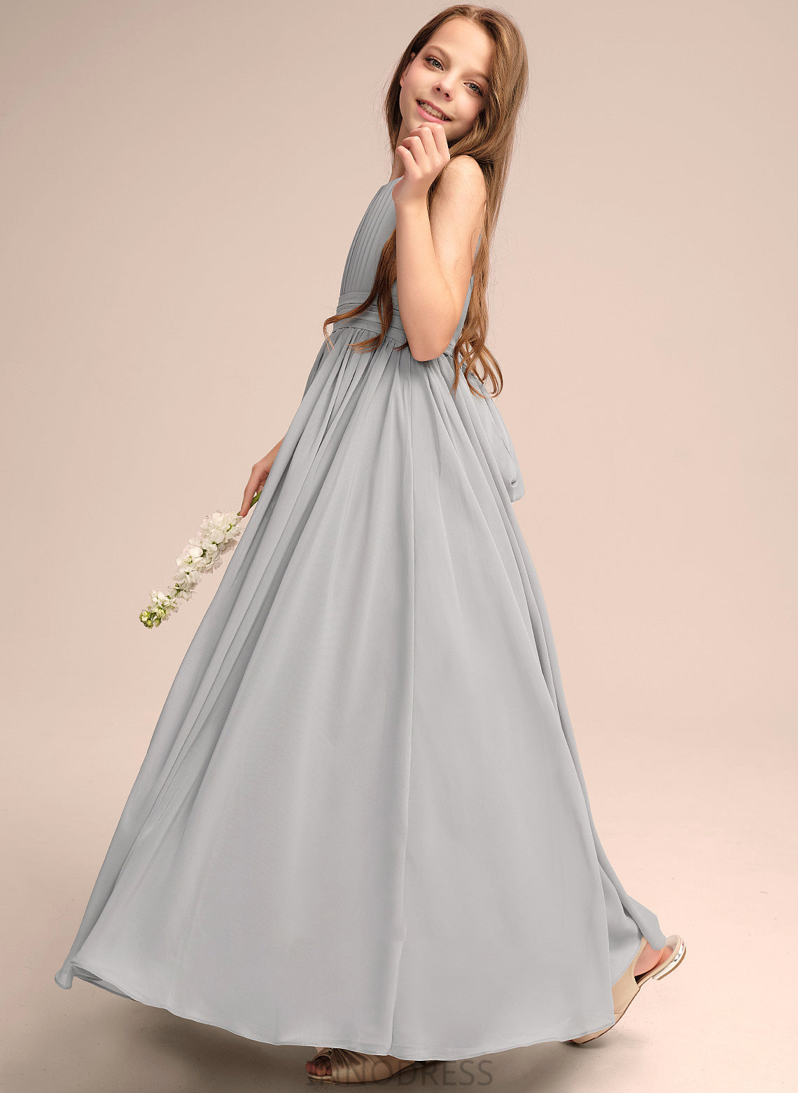 Alexis Junior Bridesmaid Dresses Floor-Length Scoop Bow(s) Chiffon Ruffle With Neck A-Line