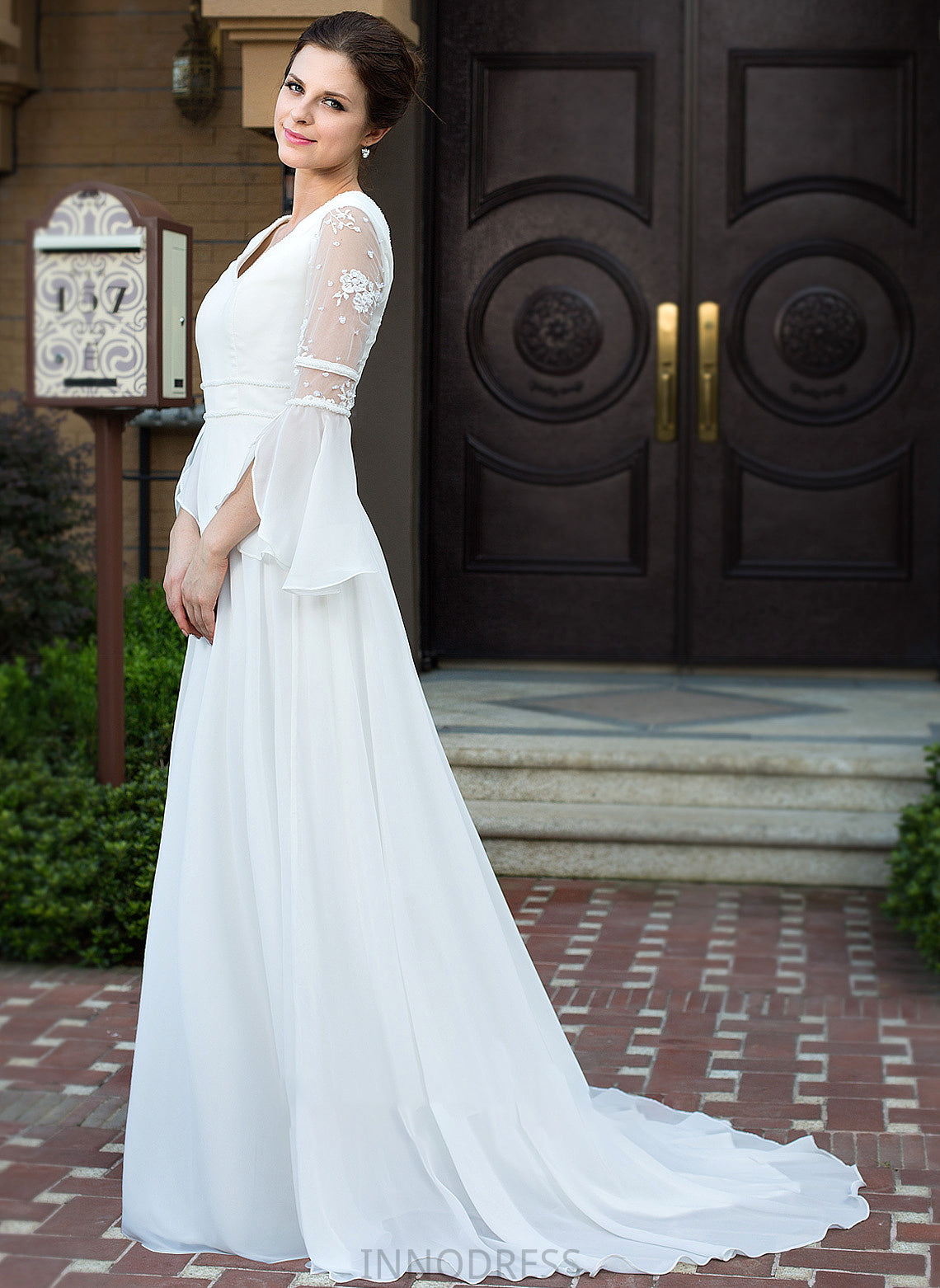 Dress Lace V-neck Laurel Train Wedding Dresses Court Wedding A-Line Beading Chiffon With