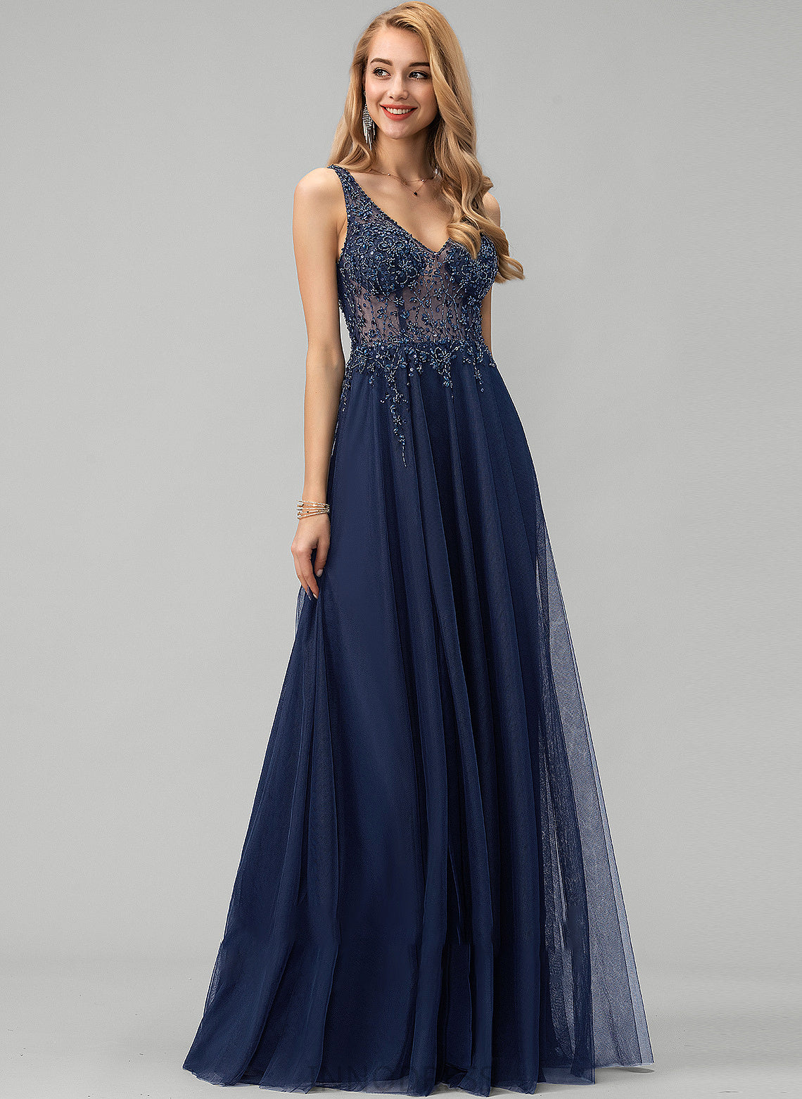 Sequins Beading A-Line Front Brooklynn Prom Dresses V-neck Floor-Length Tulle Split With