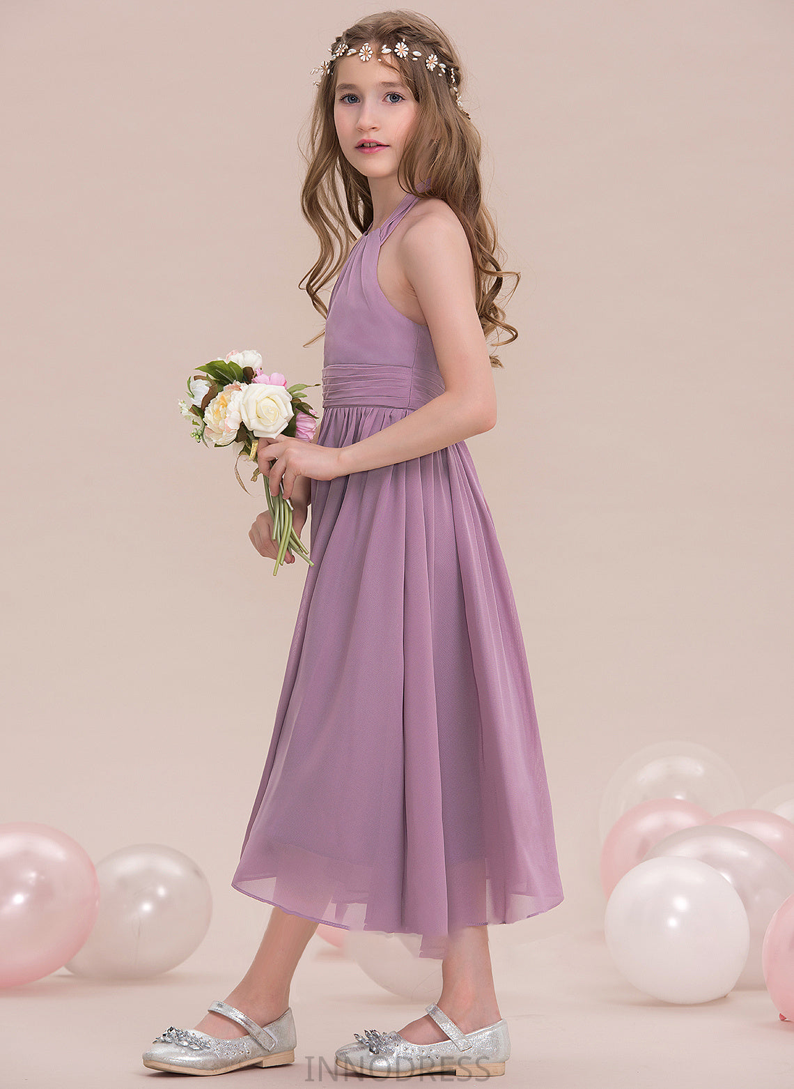 Chiffon Ruffle Elisabeth With Junior Bridesmaid Dresses Tea-Length A-Line Halter