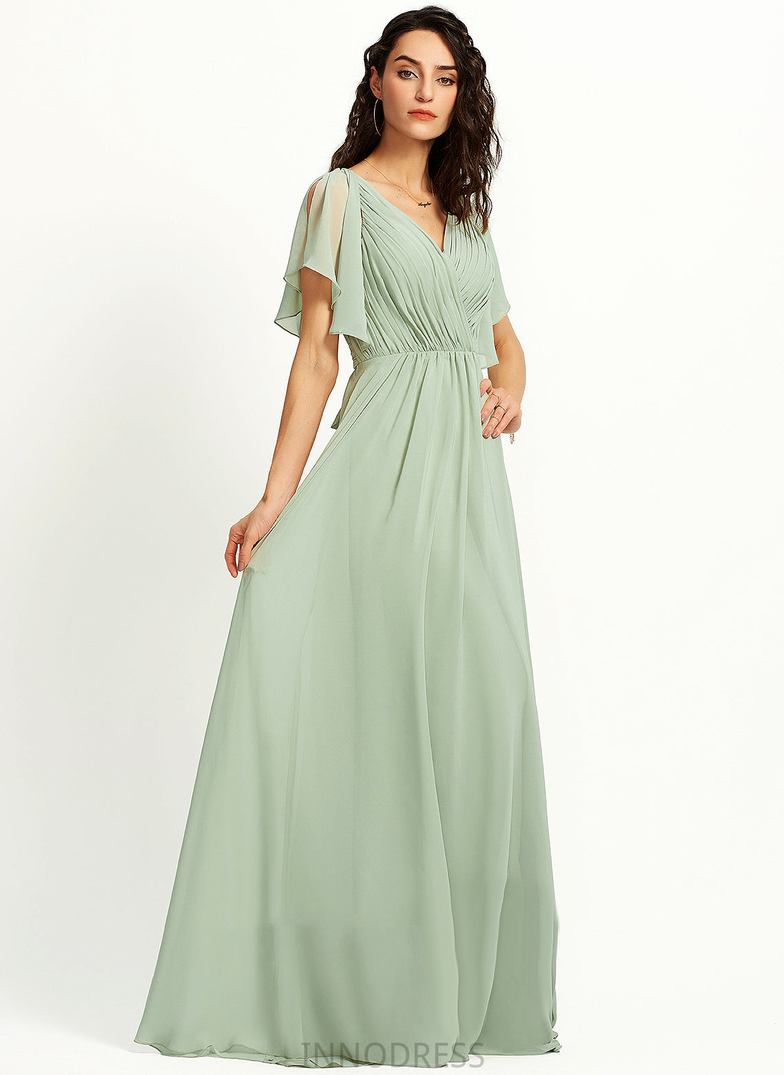 Floor-Length Ruffle V-neck A-Line Neckline Embellishment Length Silhouette Fabric Allison Sleeveless Natural Waist Bridesmaid Dresses