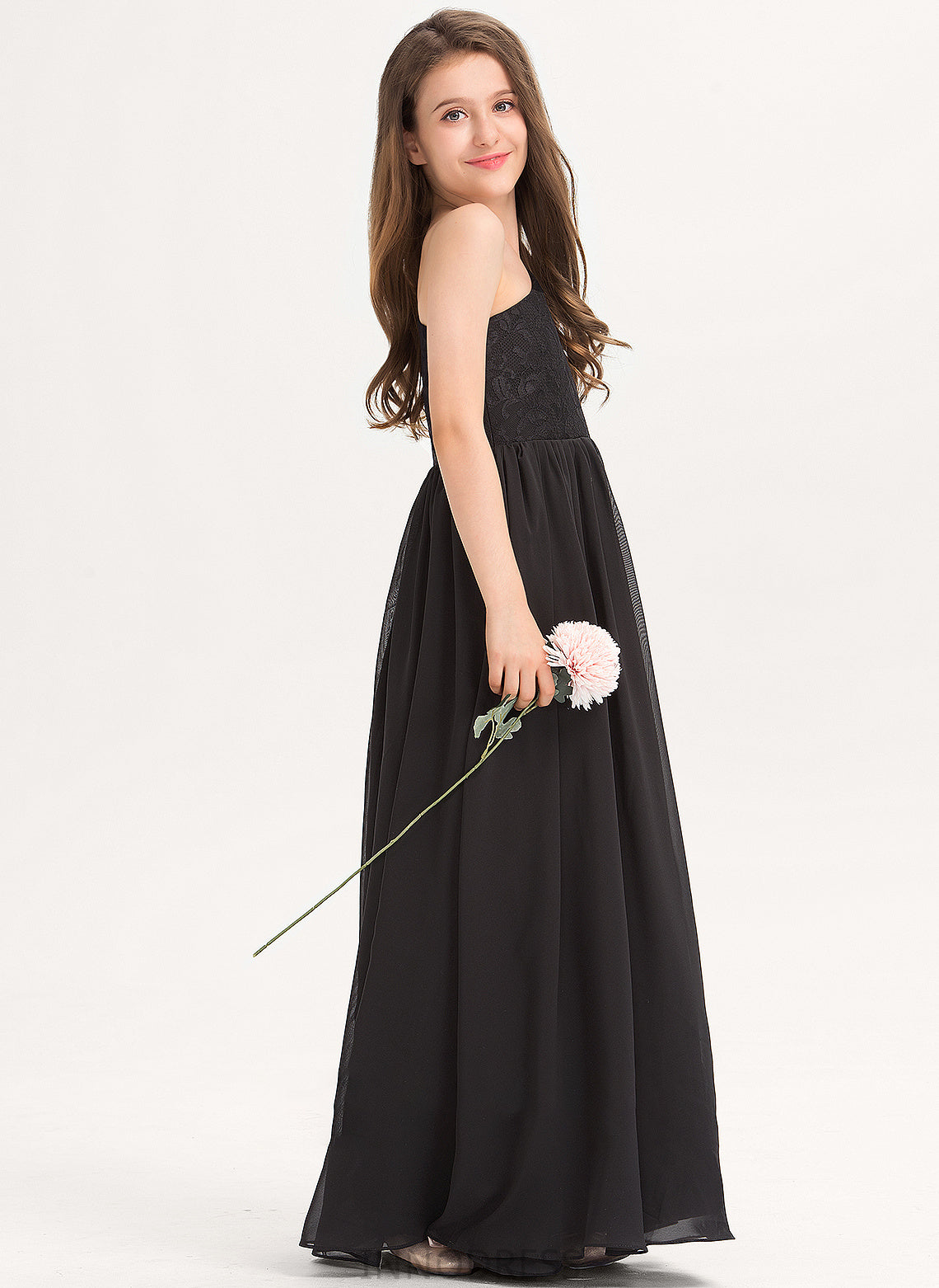 Floor-Length Junior Bridesmaid Dresses A-Line Chiffon Lace One-Shoulder Karli