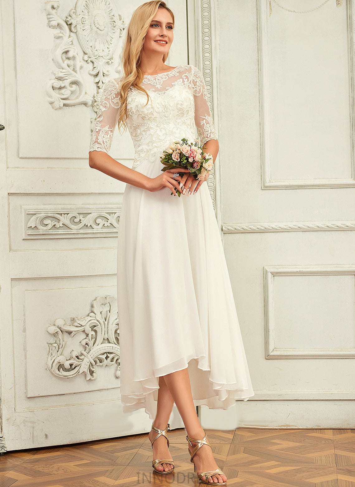 Lace With Sequins A-Line Asymmetrical Wedding Dresses Beading Wedding Dress Neck Scoop Chiffon Felicity