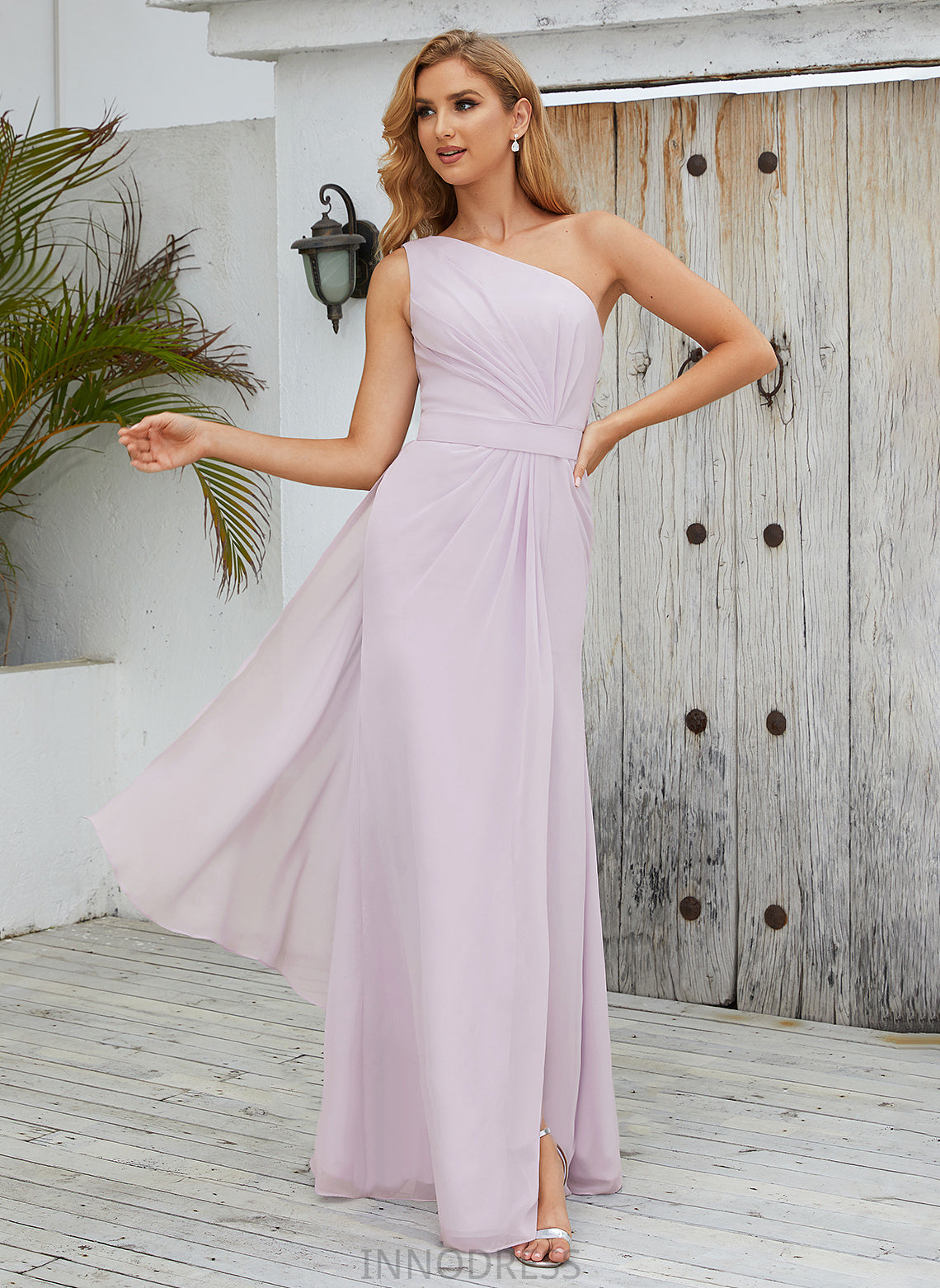 Silhouette Fabric Embellishment A-Line Ruffle SplitFront Neckline Length Floor-Length One-Shoulder Iris A-Line/Princess Bridesmaid Dresses