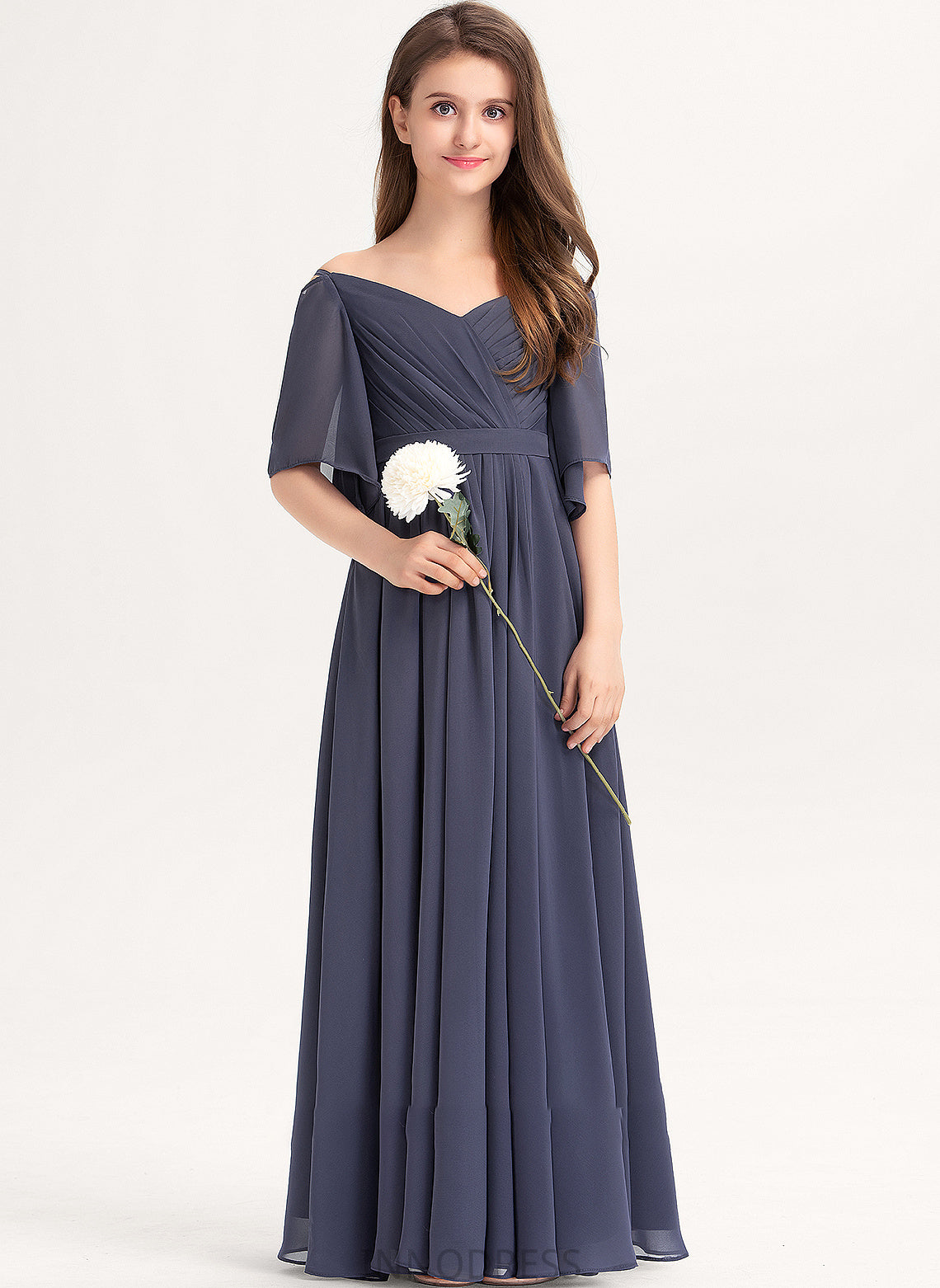 With A-Line Junior Bridesmaid Dresses Off-the-Shoulder Bow(s) Areli Floor-Length Ruffle Chiffon