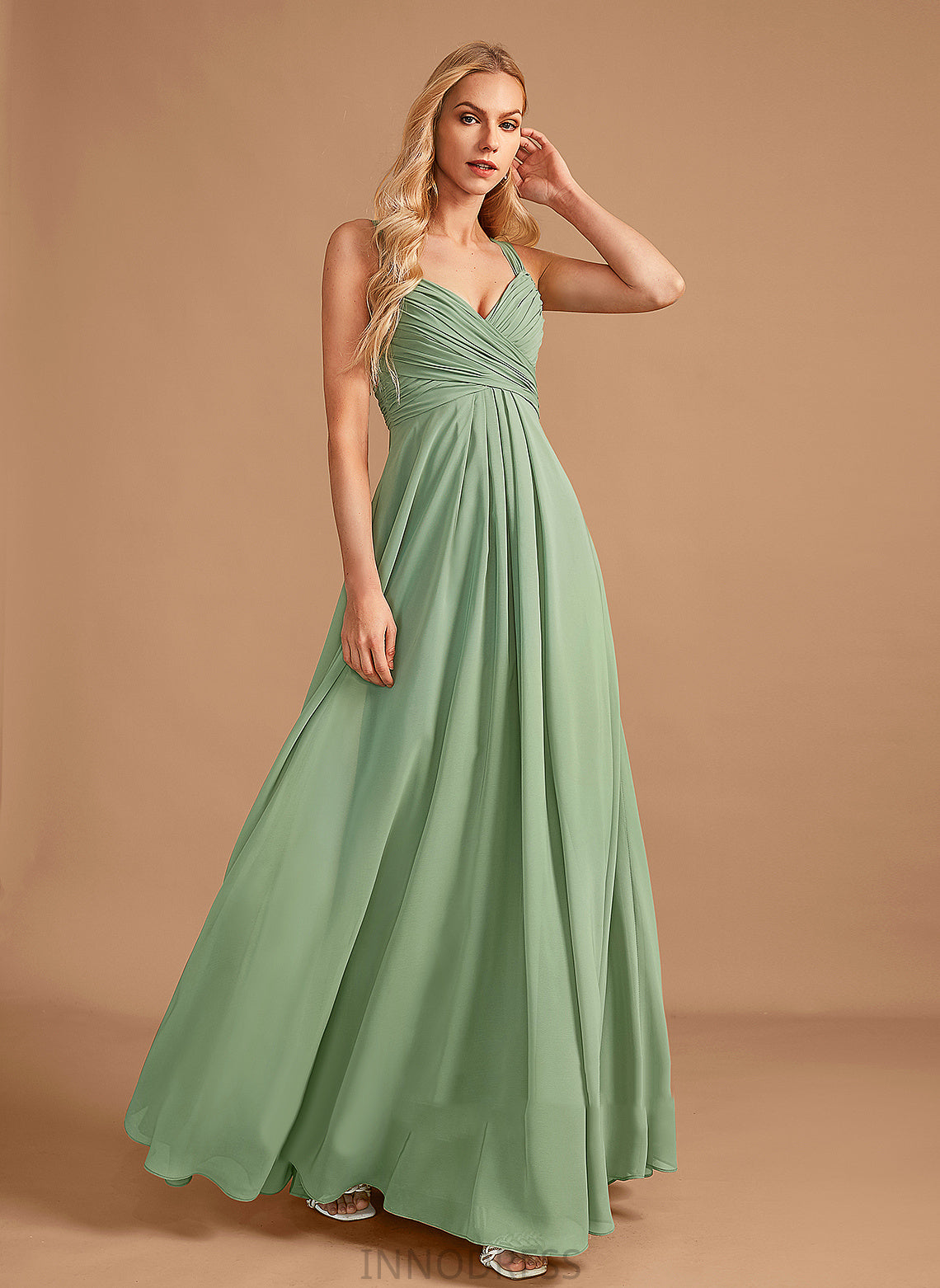 Neckline Embellishment Length V-neck A-Line Silhouette Floor-Length Fabric Ruffle Princess A-Line/Princess Sleeveless Bridesmaid Dresses