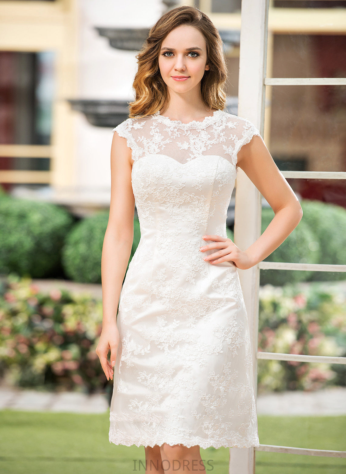 Dress Cristina A-Line Scoop Knee-Length Wedding Satin Lace Neck Wedding Dresses