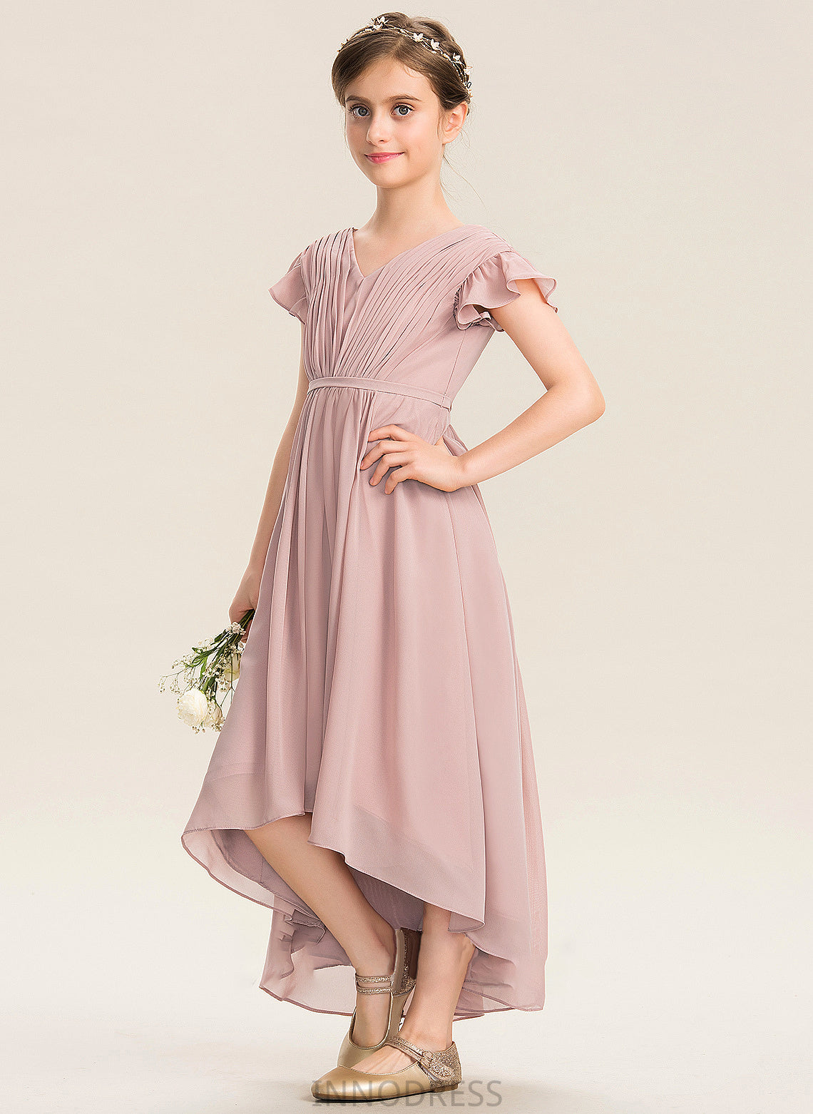 Ruffles Cascading Bow(s) With Chiffon A-Line Asymmetrical V-neck Junior Bridesmaid Dresses Cailyn