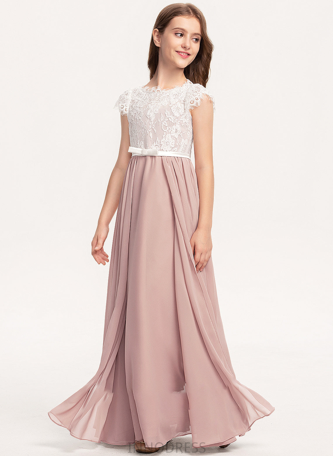 Chasity A-Line Chiffon Lace Bow(s) Floor-Length Scoop Neck With Junior Bridesmaid Dresses