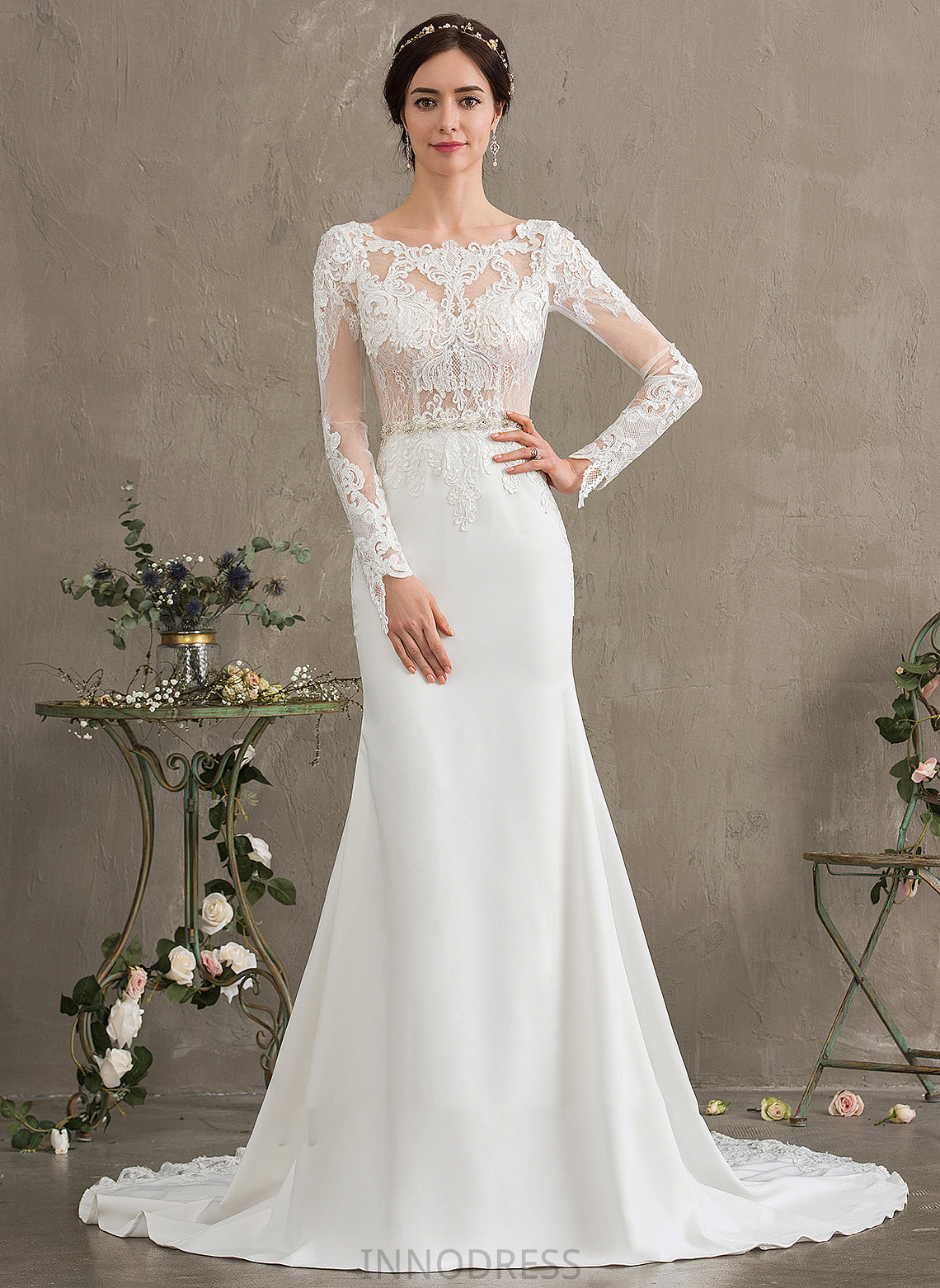 Neck Chapel Stretch Wedding Dresses Sequins Train With Isabelle Scoop Wedding Trumpet/Mermaid Dress Crepe Beading