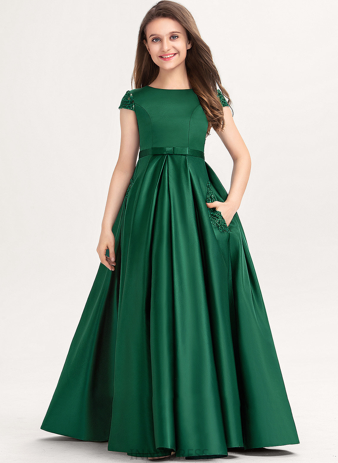 Pockets Floor-Length With Anya Neck Satin Junior Bridesmaid Dresses Bow(s) Ball-Gown/Princess Scoop Lace