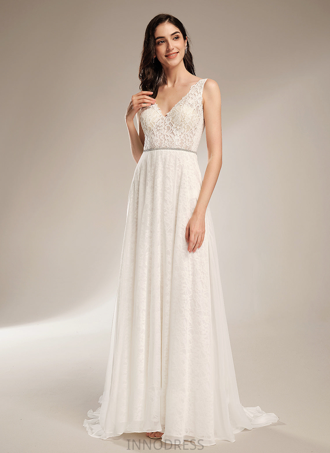 With Sweep Wedding Dresses Train Wedding Kamora V-neck Dress A-Line Beading